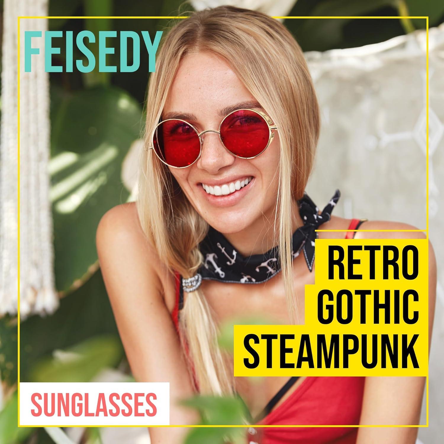 Gafas de Sol Retro Steampunk FEISEDY Oro/Rojo 48mm