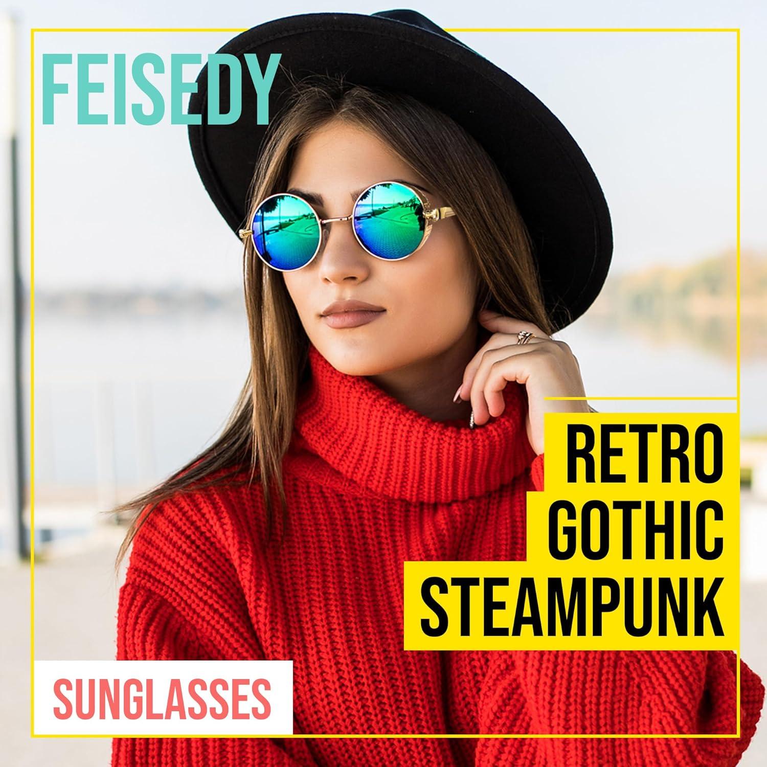 Gafas de Sol Retro Steampunk FEISEDY Oro Espejo Verde 48mm
