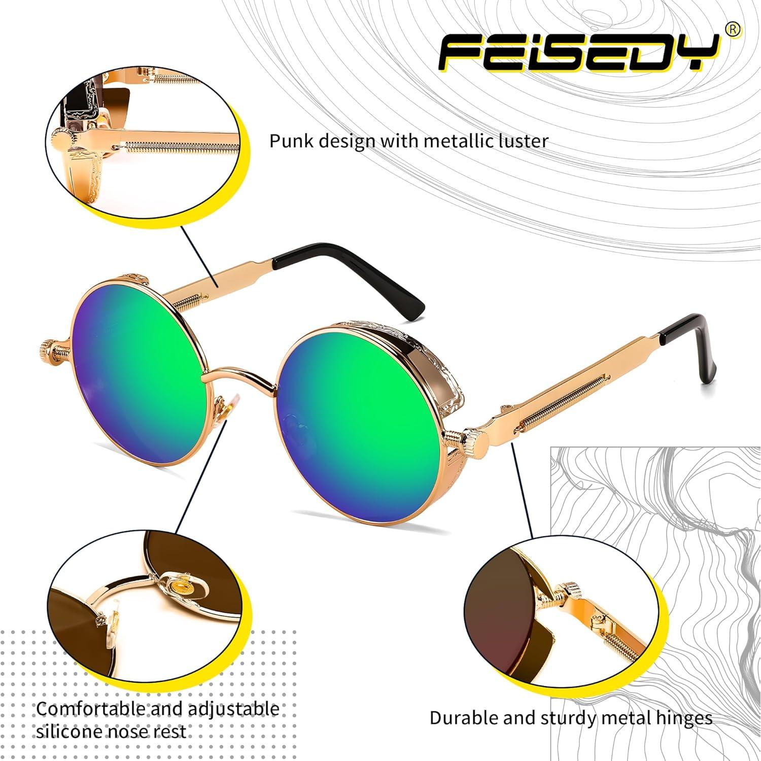 Gafas de Sol Retro Steampunk FEISEDY Oro Espejo Verde 48mm