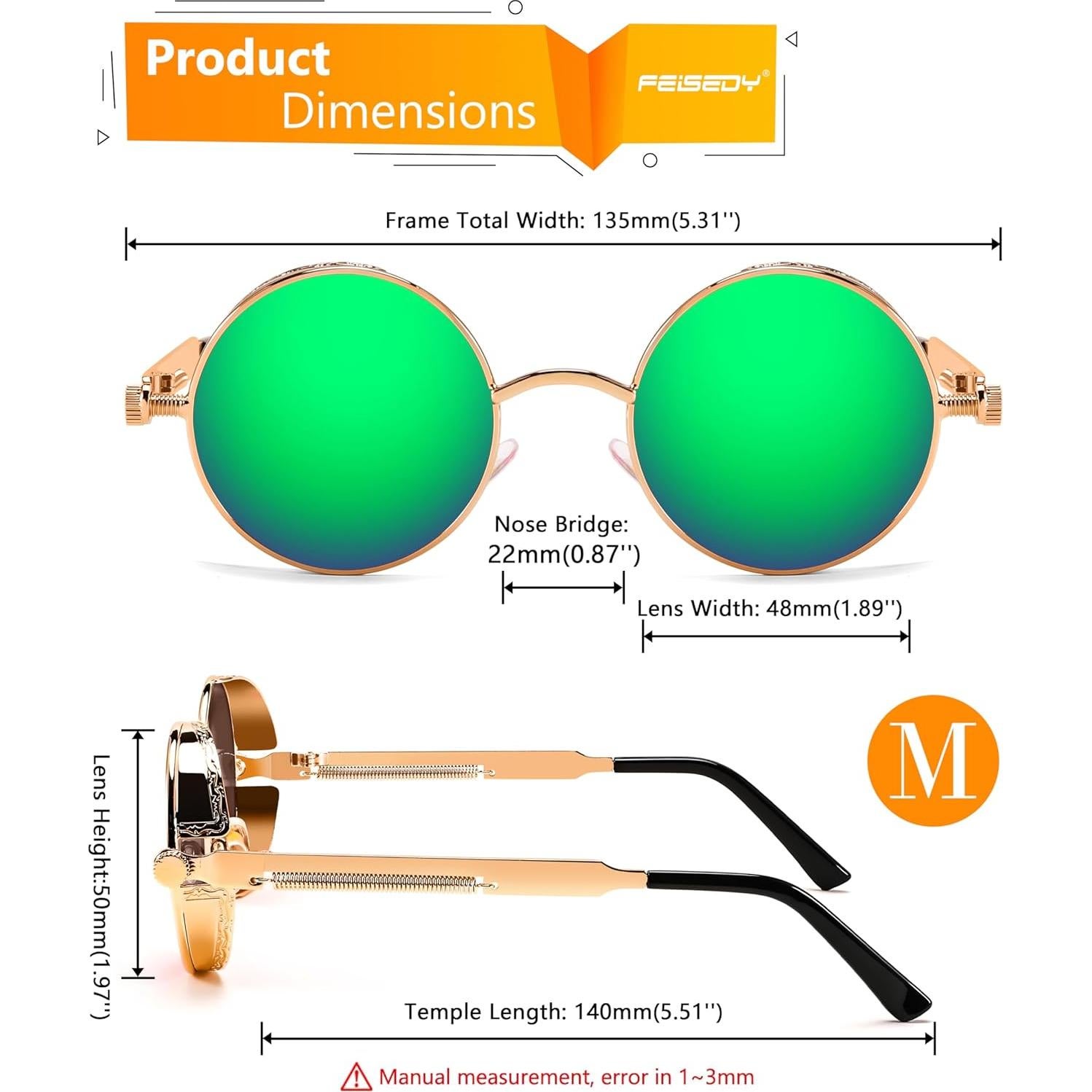 Gafas de Sol Retro Steampunk FEISEDY Oro Espejo Verde 48mm