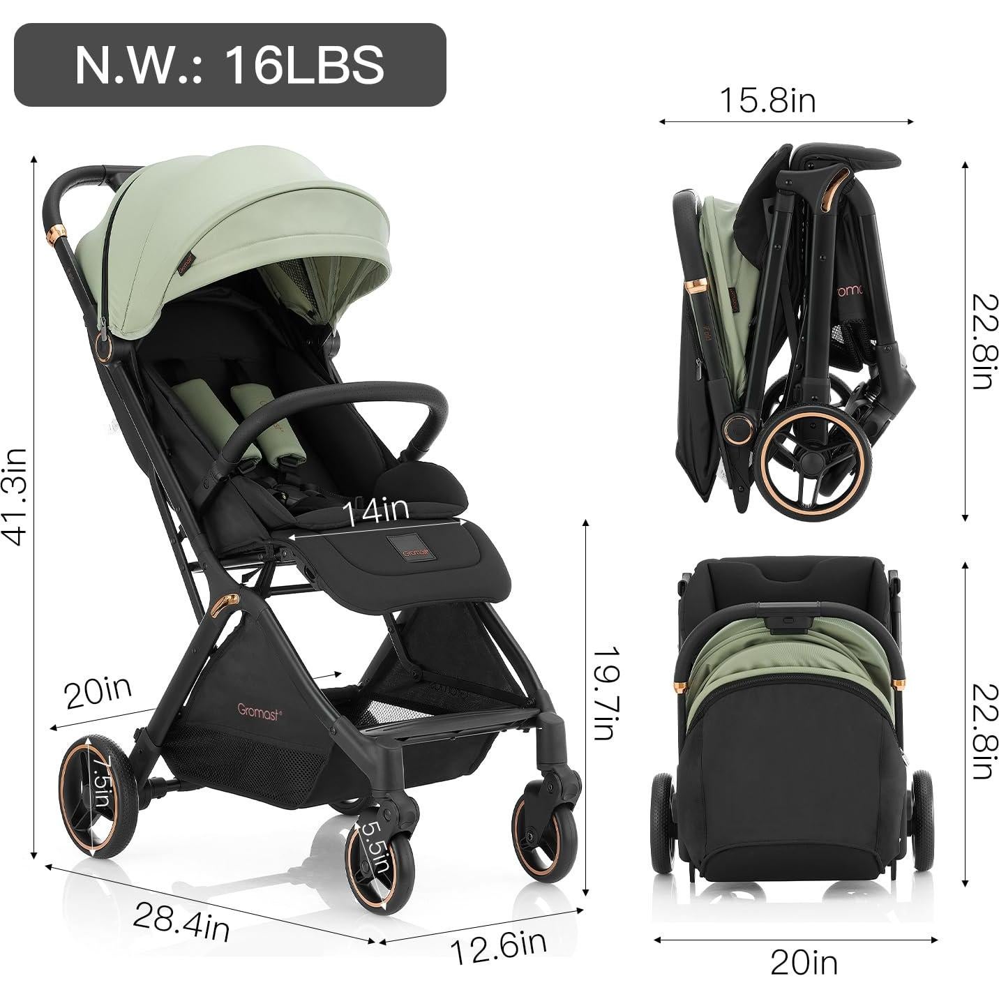 Carrito de bebé Gromast Plegable Verde 7.26 kg Ajustable