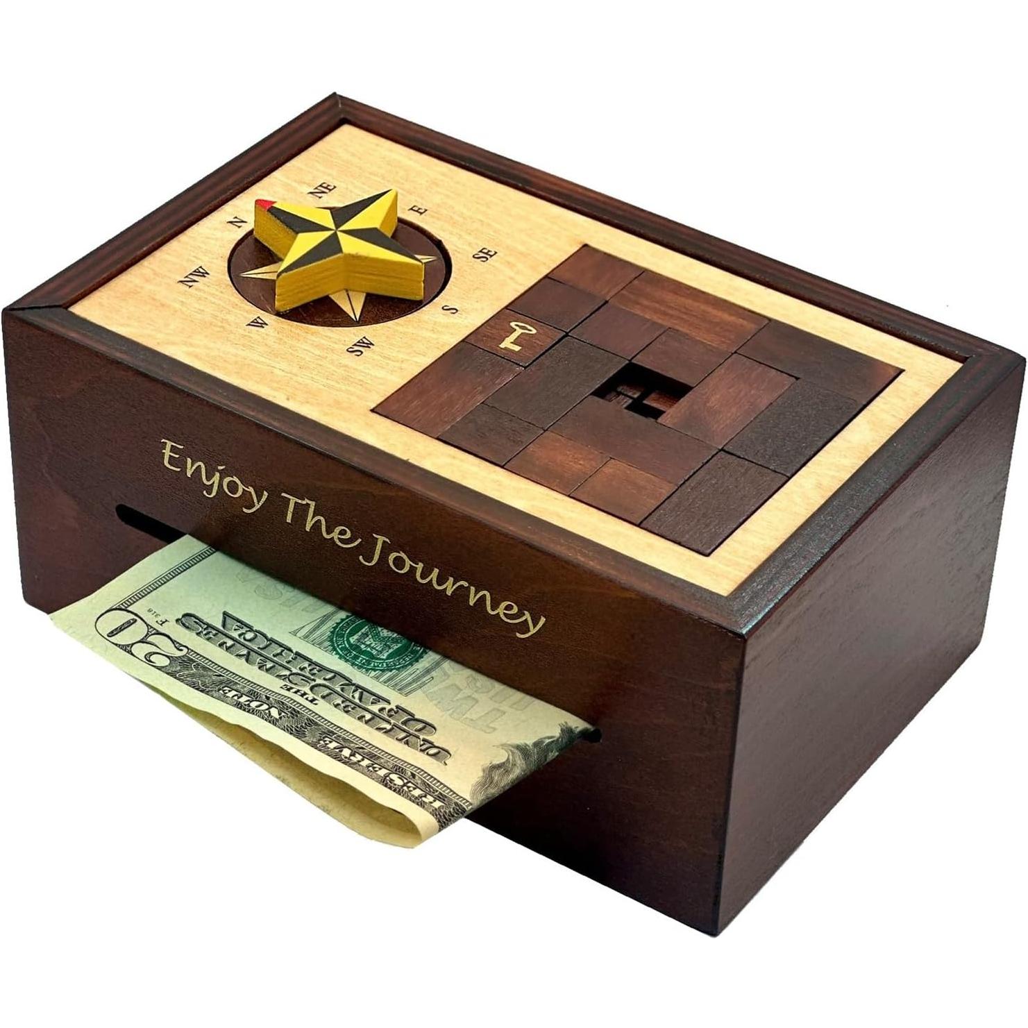 Navigation Enigma Secret Puzzle Box Money and Gift Card Holder in a Wood IQ Escape challenging Lock Box with Hidden Compartments Brainteaser