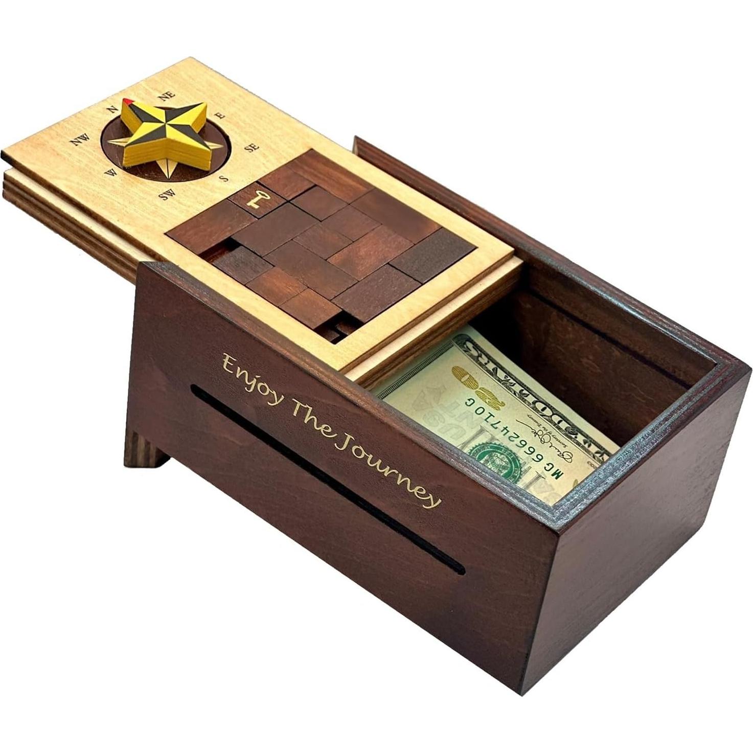 Navigation Enigma Secret Puzzle Box Money and Gift Card Holder in a Wood IQ Escape challenging Lock Box with Hidden Compartments Brainteaser