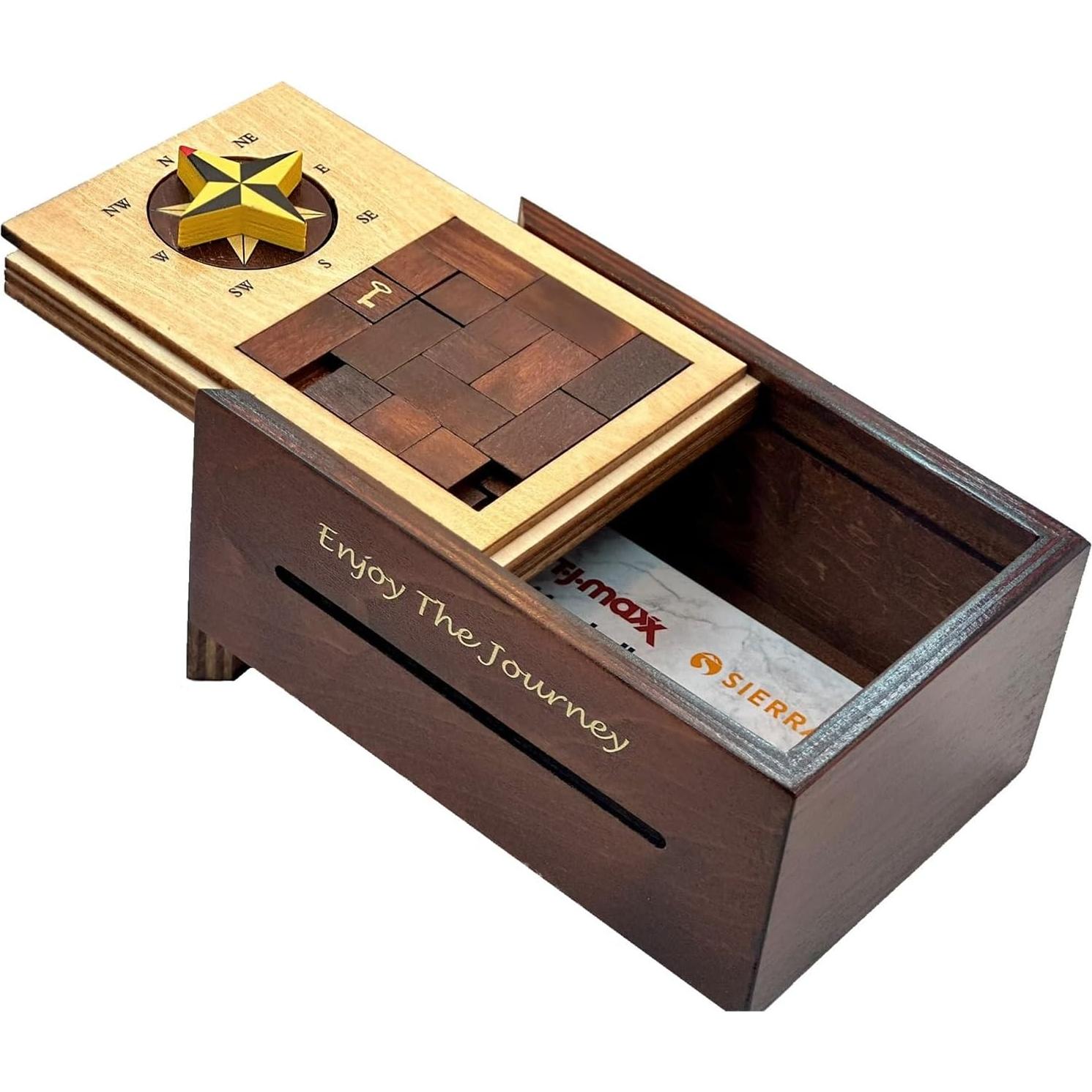 Navigation Enigma Secret Puzzle Box Money and Gift Card Holder in a Wood IQ Escape challenging Lock Box with Hidden Compartments Brainteaser
