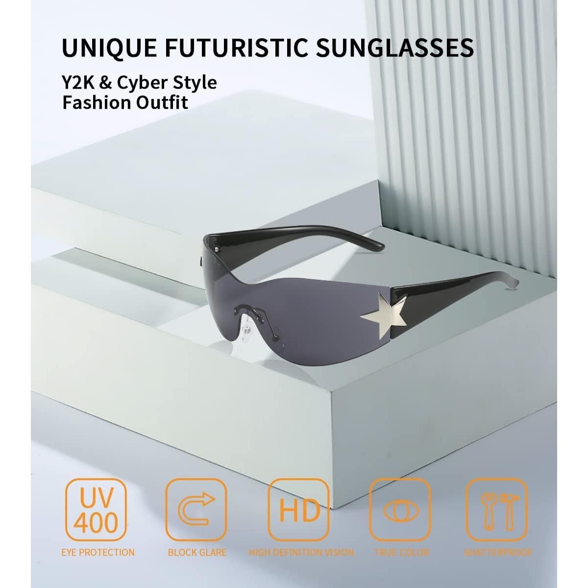 Gafas de sol Y2K Trendy cibernéticas sin montura - Negro/Gris