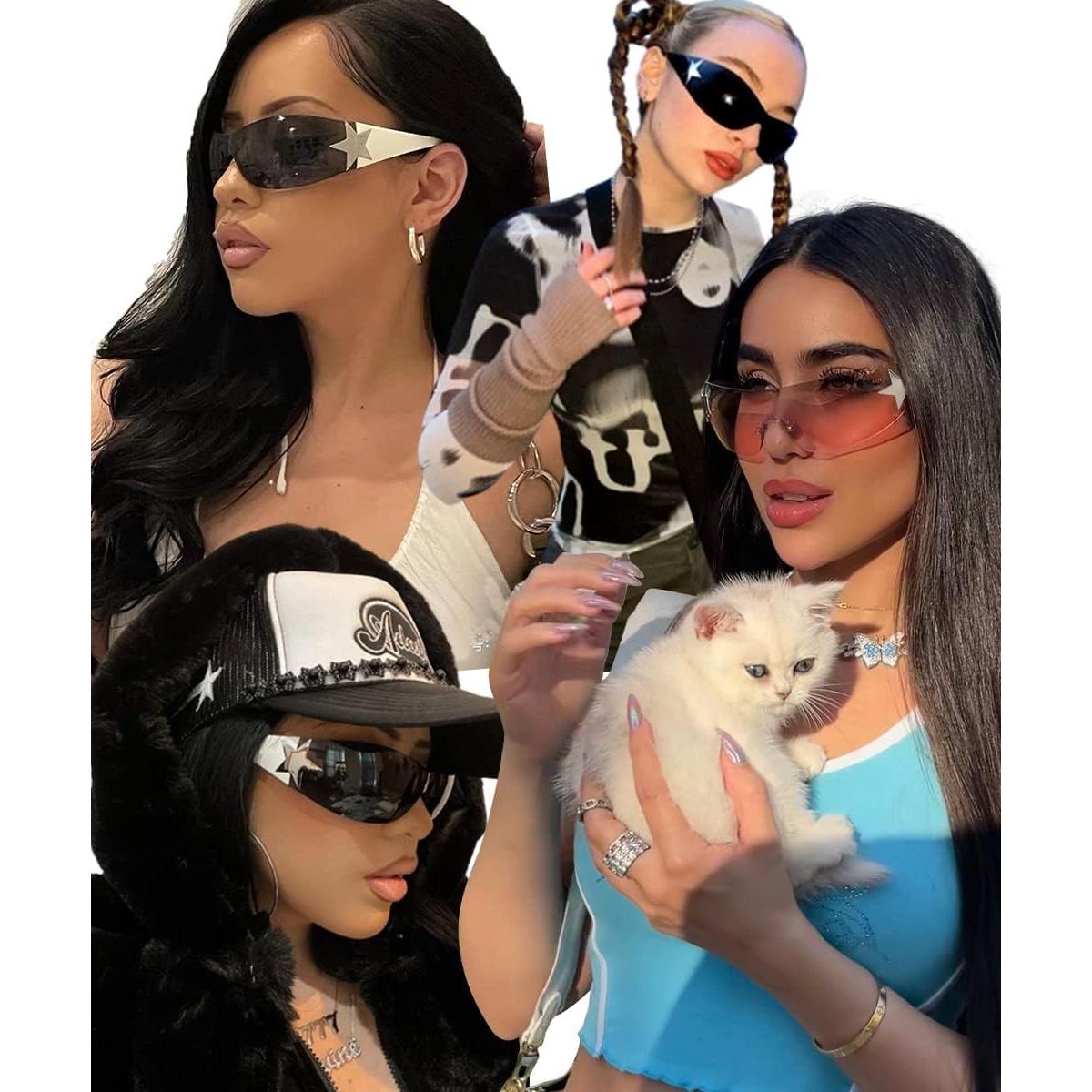 Gafas de sol Y2K Trendy cibernéticas sin montura rosa