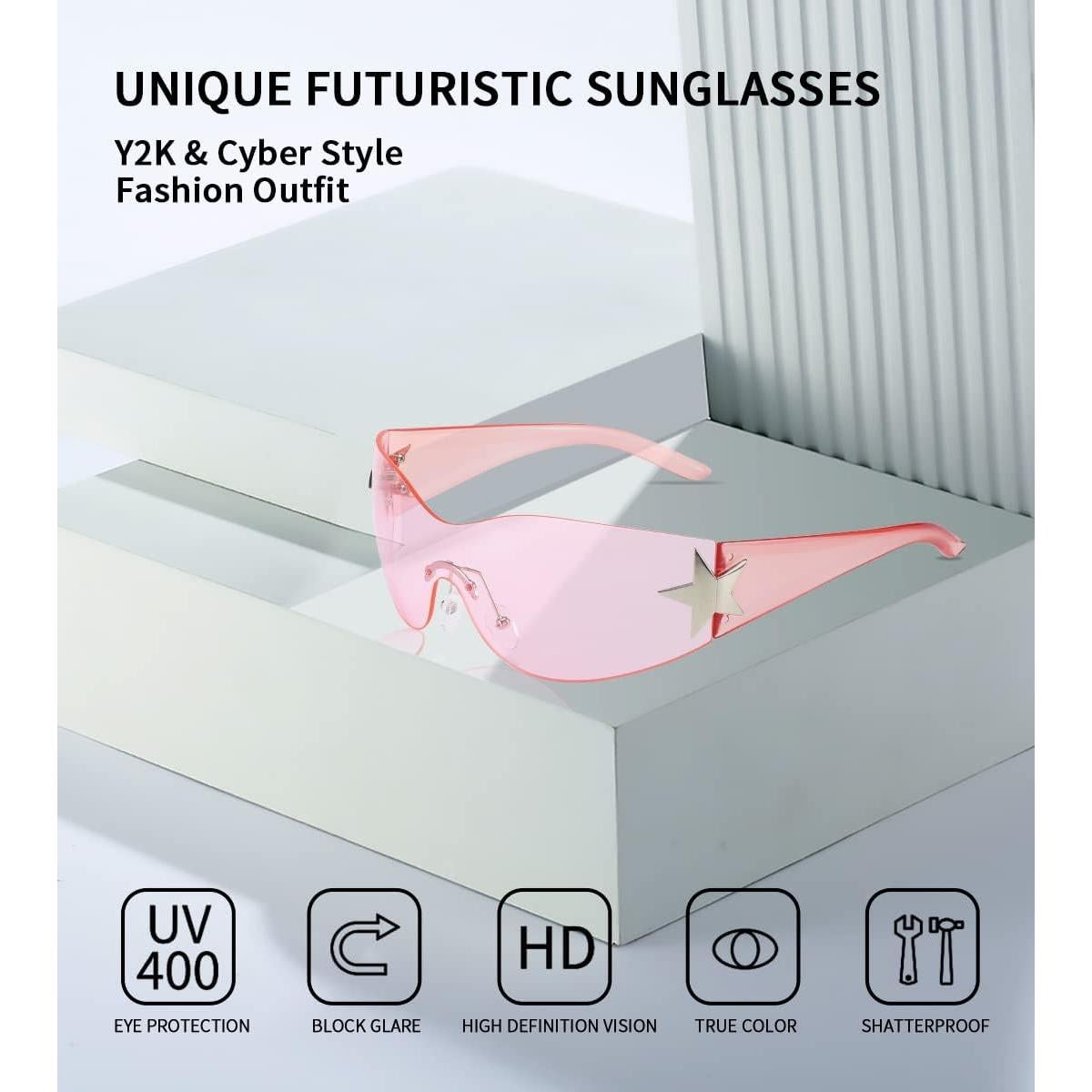 Gafas de sol Y2K Trendy cibernéticas sin montura rosa