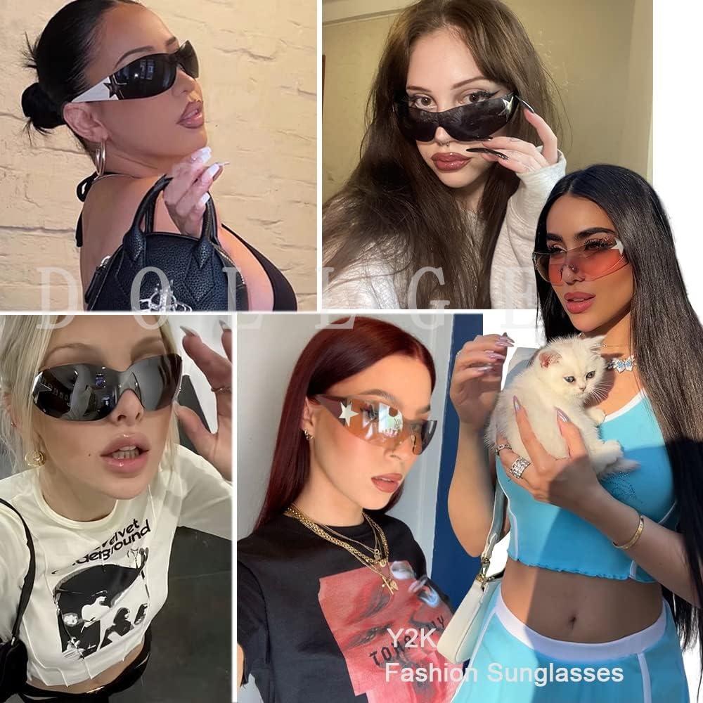 Gafas de sol Y2K Trendy cibernéticas sin montura rosa