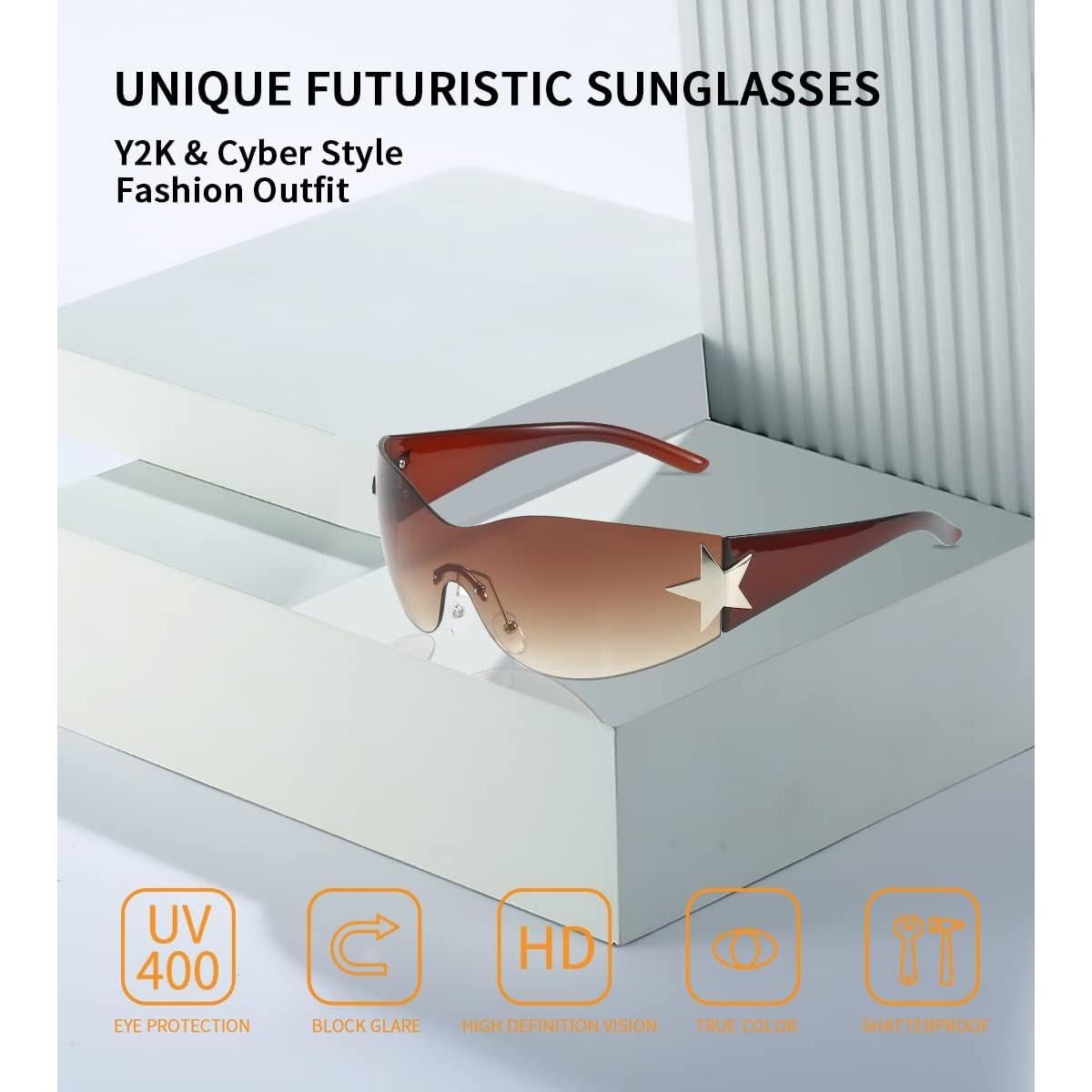 Gafas de sol Y2K Trendy cibernéticas sin montura marrón