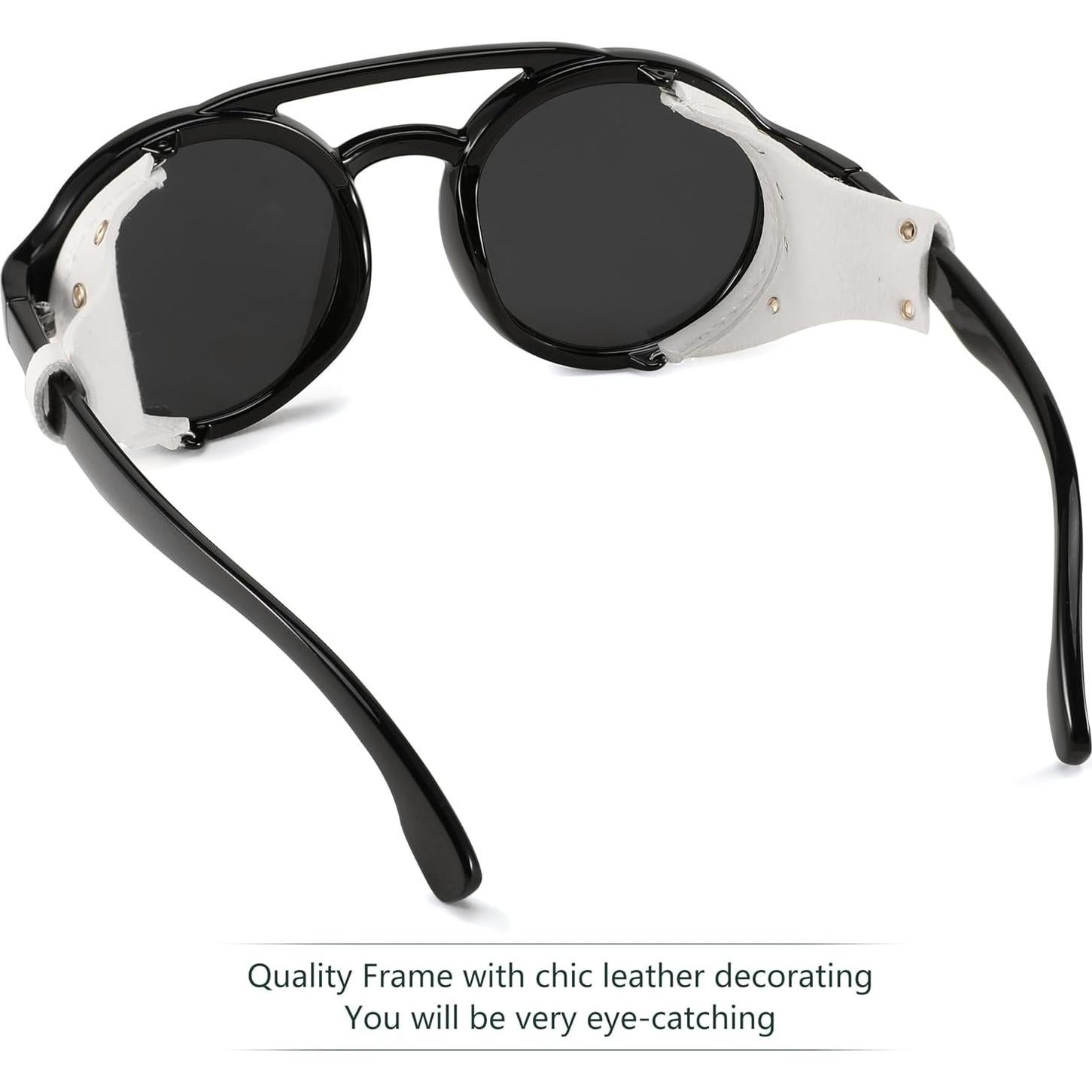 Gafas de Sol Steampunk FEISEDY Redondas UV400 con Cuero