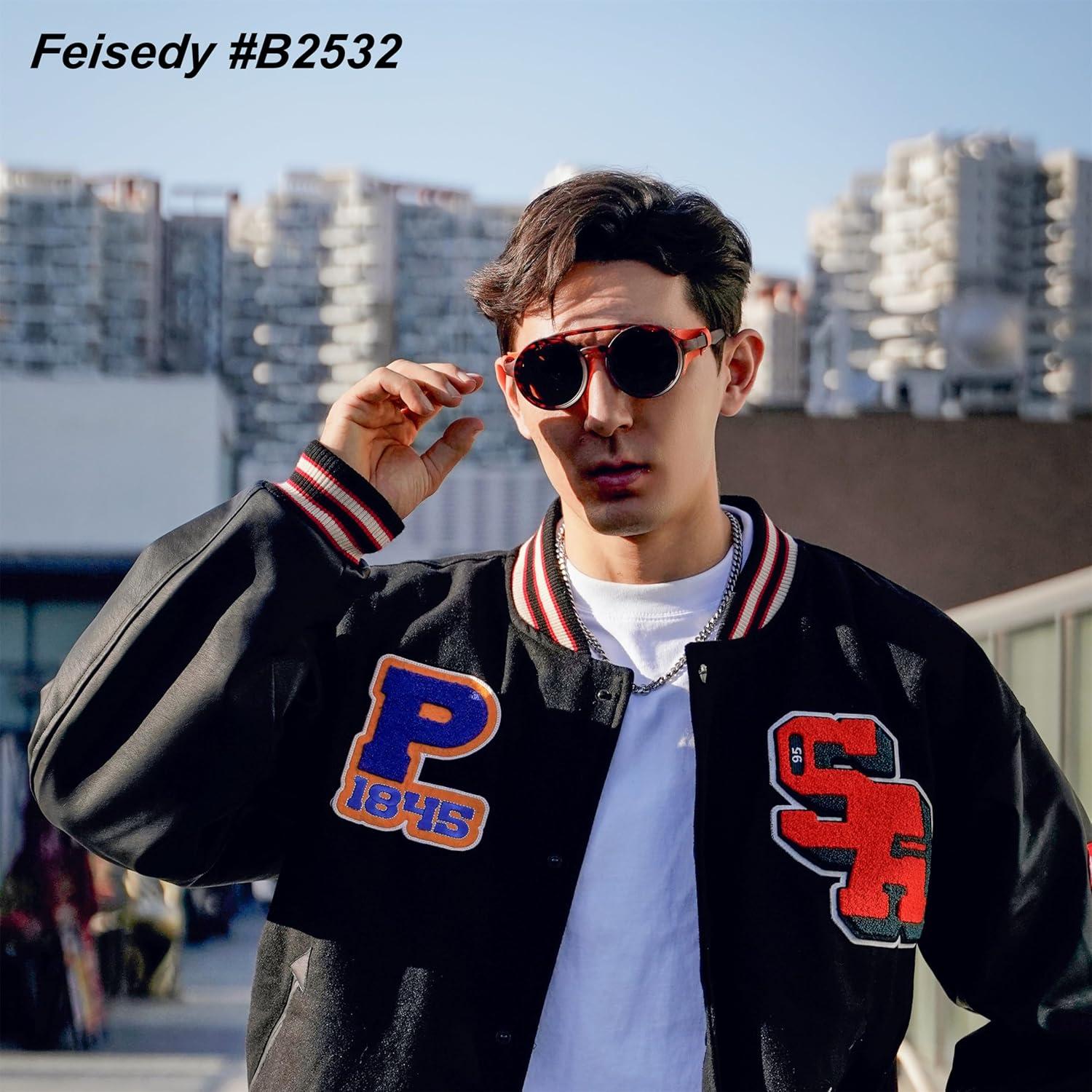 Gafas de Sol Steampunk FEISEDY Redondas UV400 Cuero