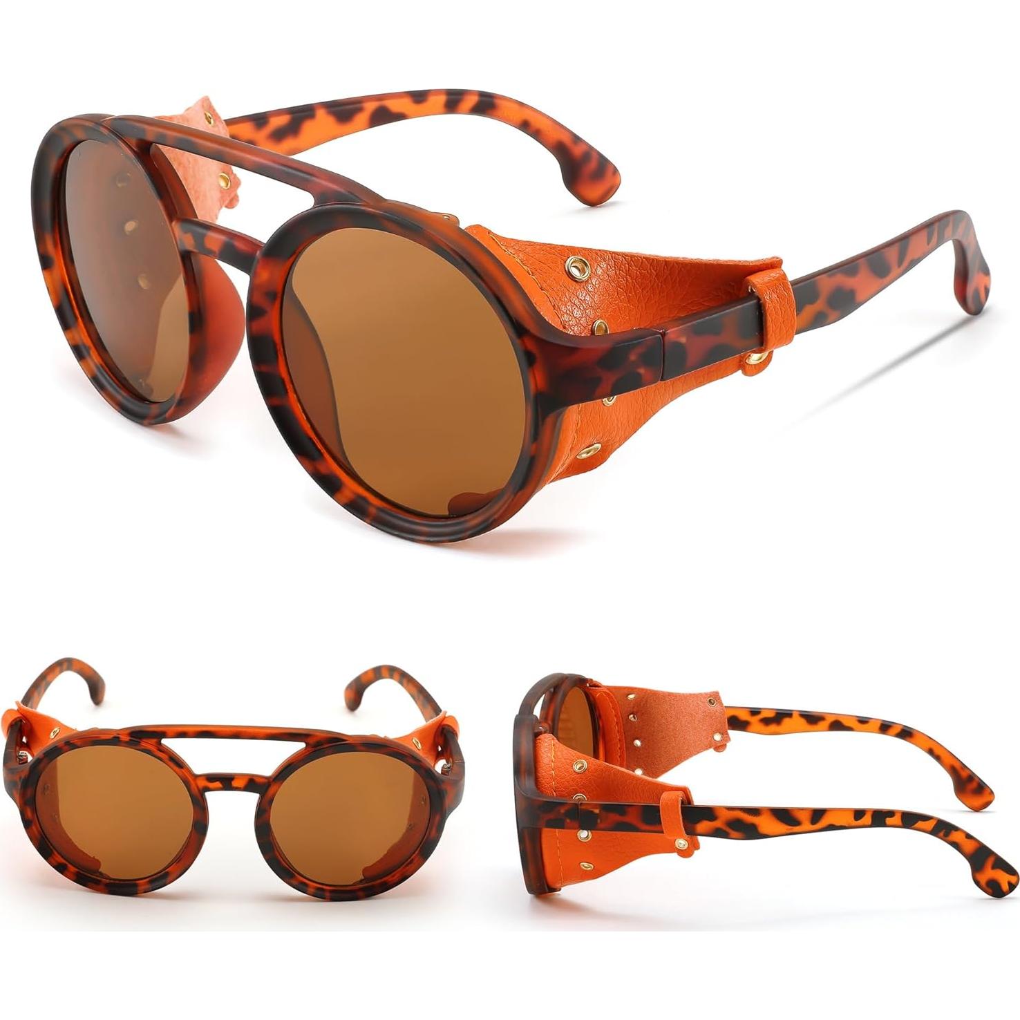 Gafas de Sol Steampunk FEISEDY Redondas UV400 Cuero