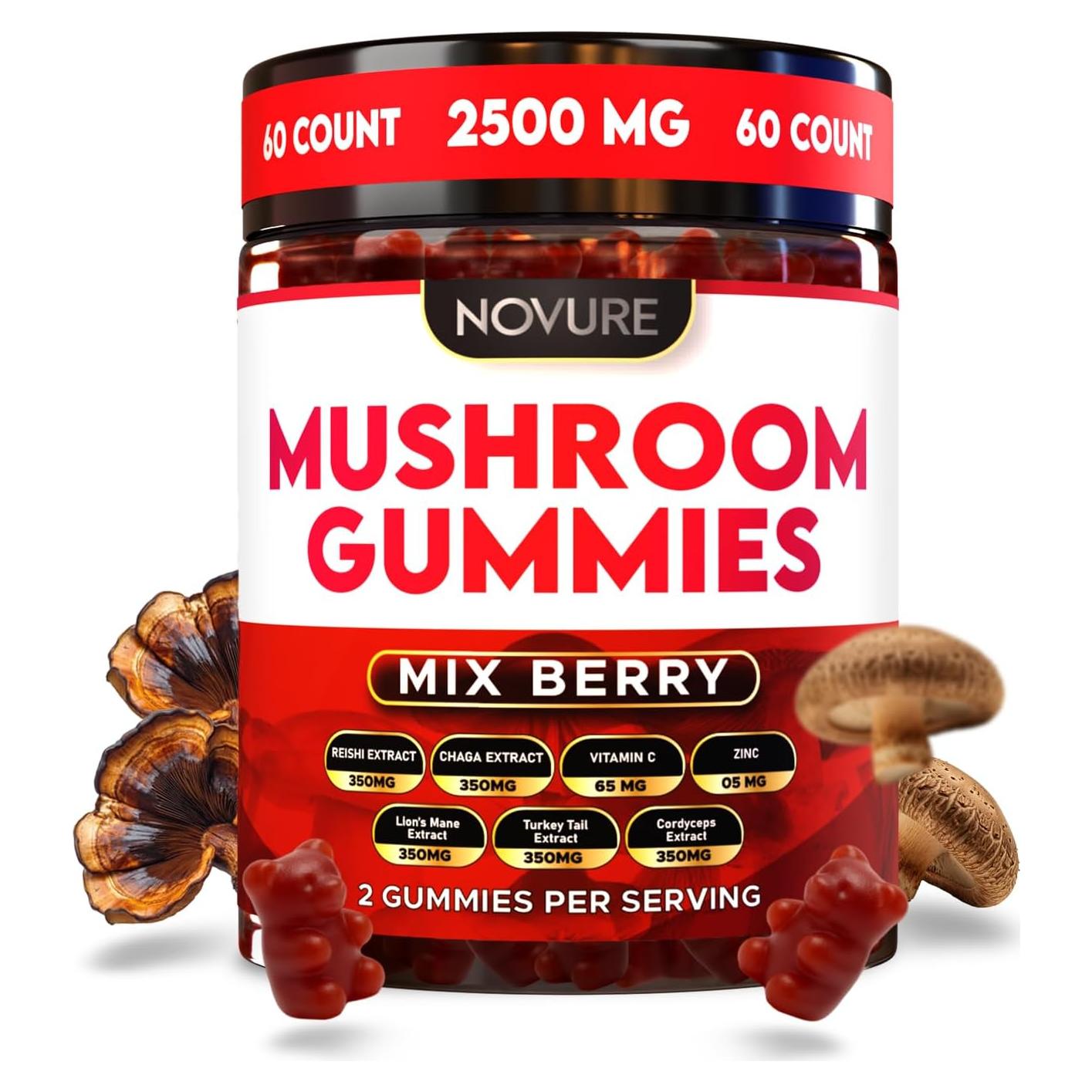 Gomitas de Champiñón Novure 2500mg 60 Conteo Sabor Bayas