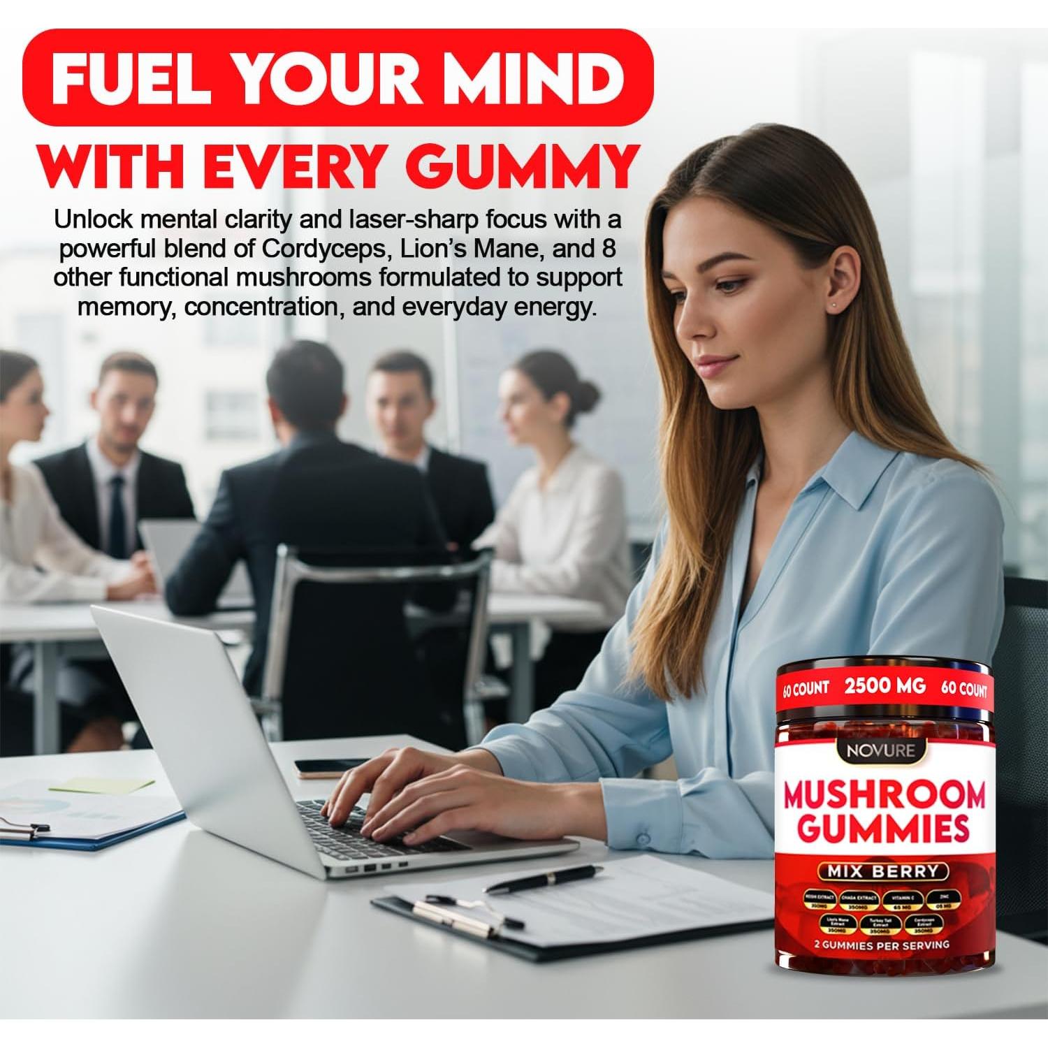 Gomitas de Champiñón Novure 2500mg 60 Conteo Sabor Bayas