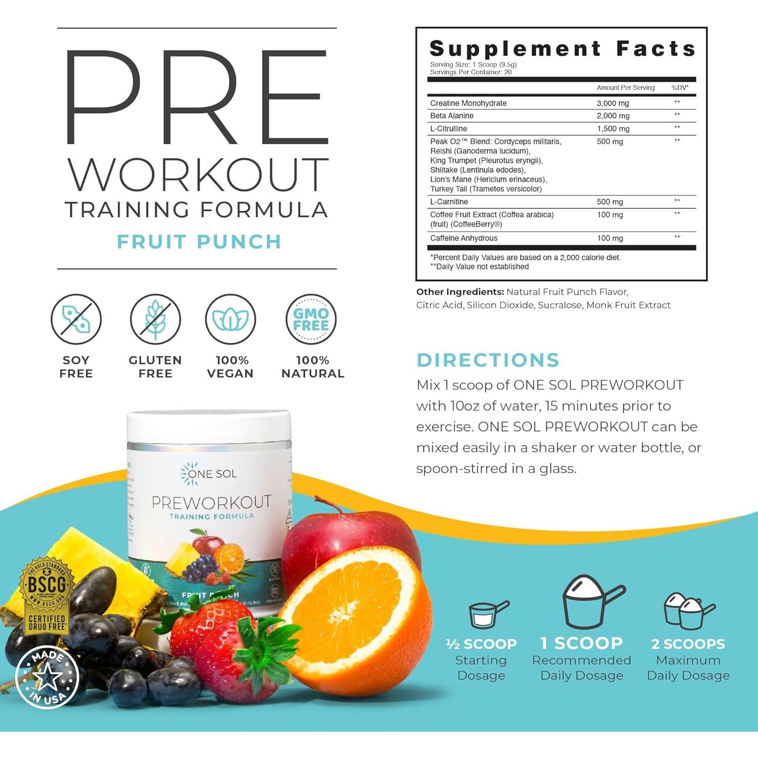 One Sol Pre-Workout para Mujeres - Energía Natural Punch Frutas