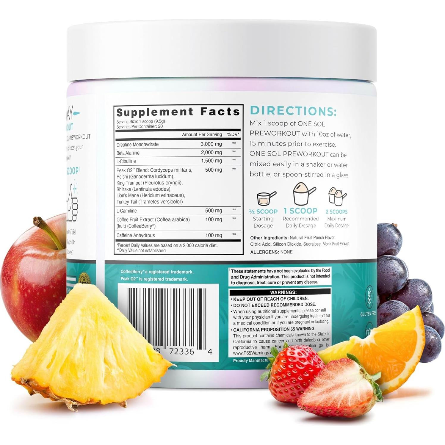 One Sol Pre-Workout para Mujeres - Energía Natural Punch Frutas