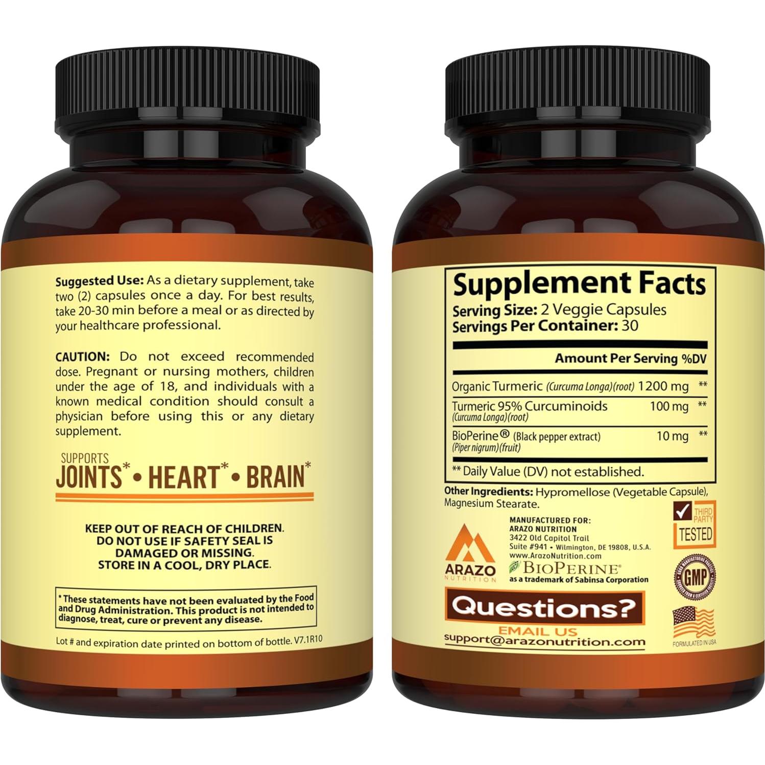 Suplemento de Cúrcuma Curcumina Arazo Nutrition 1300mg