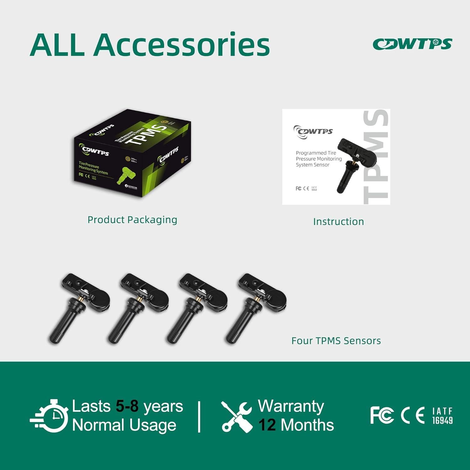 Sensor TPMS CDWTPS 315Mhz para Chevy GMC Cadillac 4 Piezas