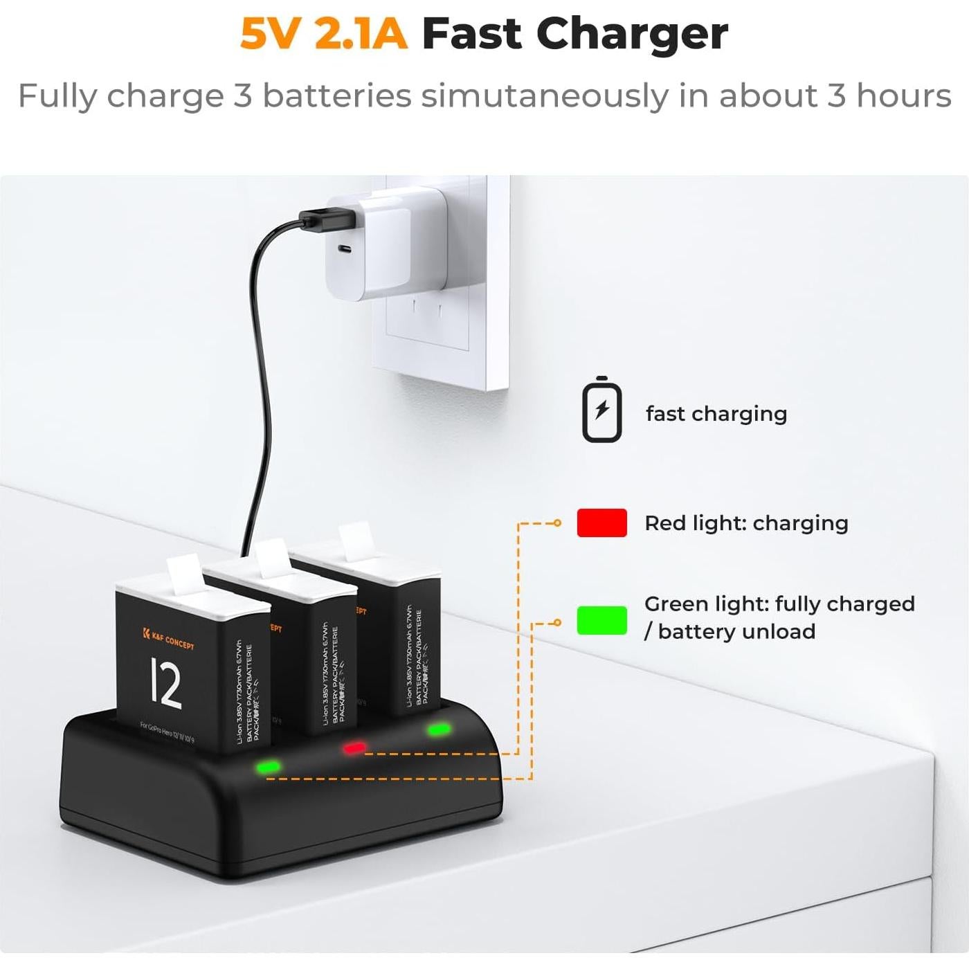 Baterías K&F Concept Hero 12 Enduro 1730mAh 3-Pack Cargador