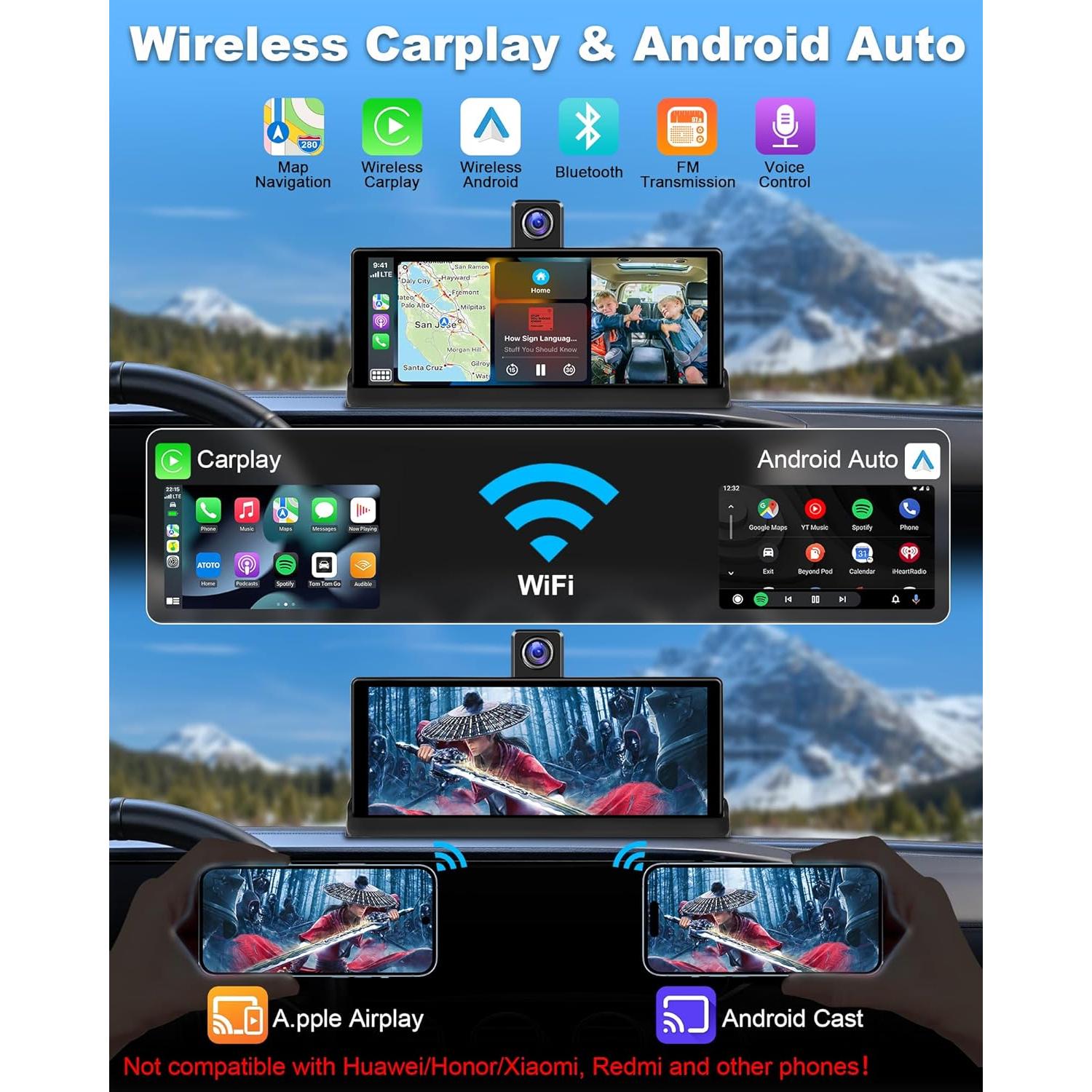 Apple Carplay Screen for Car w 4K Dash Cam 350° Rotatable Camera Unique Bracket 10.26" Wireless Car Play & Android Auto Screen w GPS Navigation Mirror Link Voice Control Dual Bluetooth AUX, FM