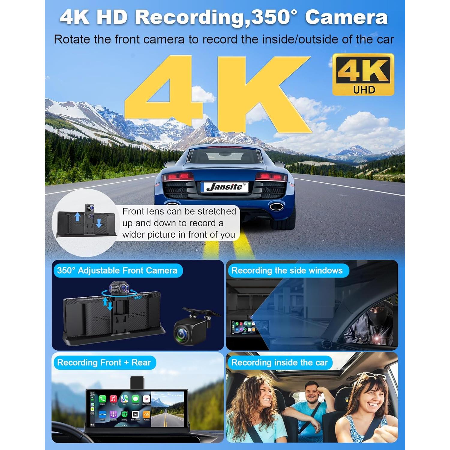 Apple Carplay Screen for Car w 4K Dash Cam 350° Rotatable Camera Unique Bracket 10.26" Wireless Car Play & Android Auto Screen w GPS Navigation Mirror Link Voice Control Dual Bluetooth AUX, FM