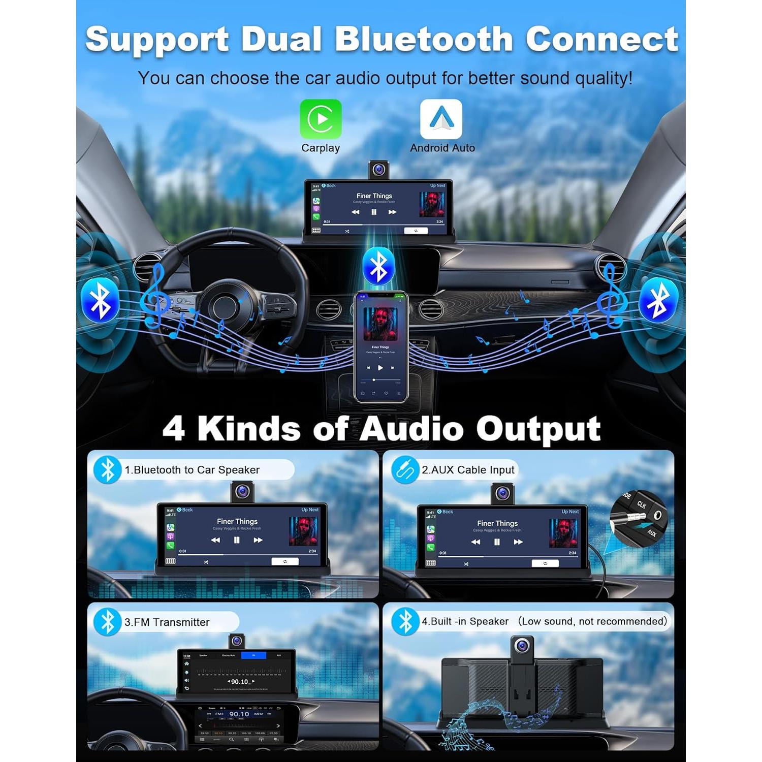 Apple Carplay Screen for Car w 4K Dash Cam 350° Rotatable Camera Unique Bracket 10.26" Wireless Car Play & Android Auto Screen w GPS Navigation Mirror Link Voice Control Dual Bluetooth AUX, FM