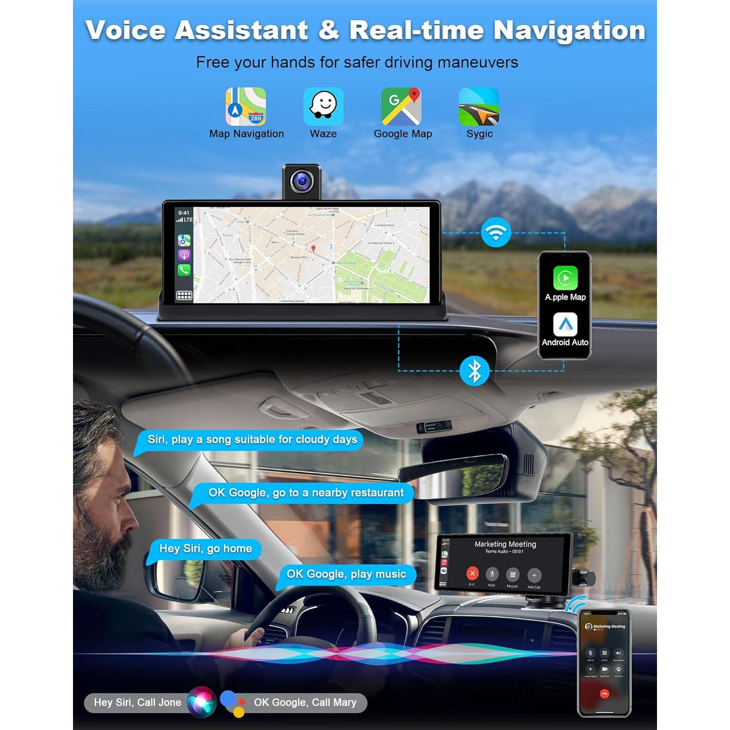 Apple Carplay Screen for Car w 4K Dash Cam 350° Rotatable Camera Unique Bracket 10.26" Wireless Car Play & Android Auto Screen w GPS Navigation Mirror Link Voice Control Dual Bluetooth AUX, FM