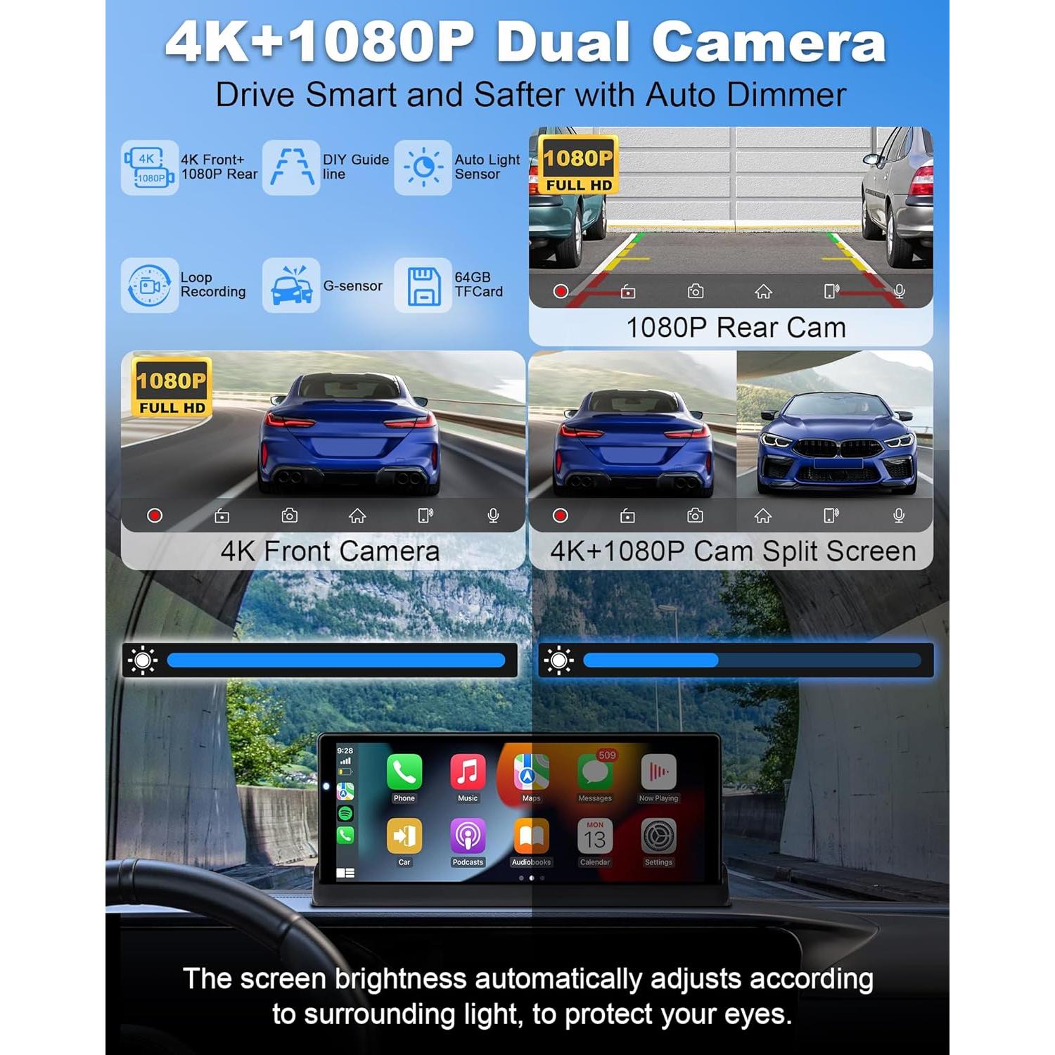 Apple Carplay Screen for Car w 4K Dash Cam 350° Rotatable Camera Unique Bracket 10.26" Wireless Car Play & Android Auto Screen w GPS Navigation Mirror Link Voice Control Dual Bluetooth AUX, FM