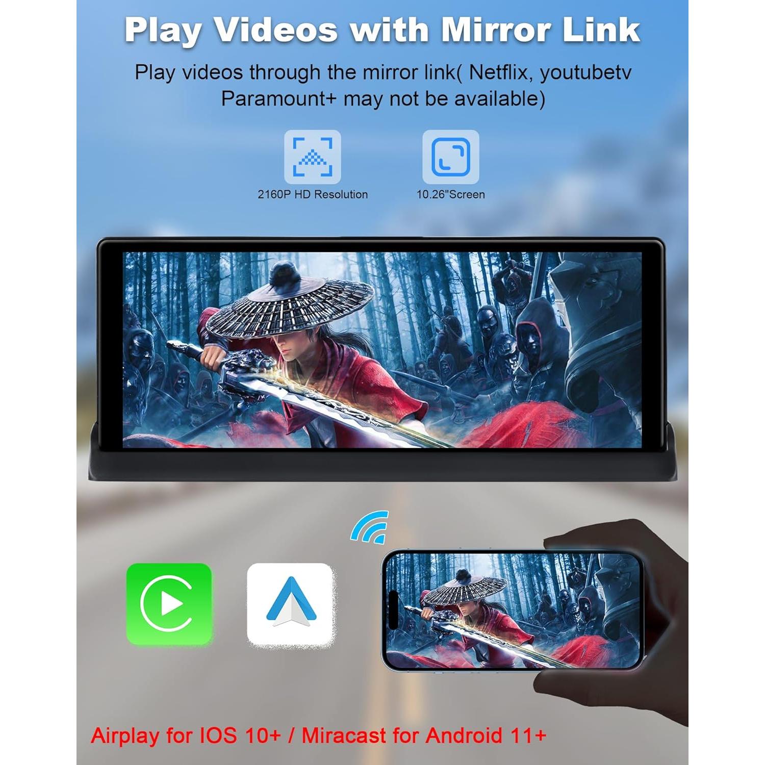 Apple Carplay Screen for Car w 4K Dash Cam 350° Rotatable Camera Unique Bracket 10.26" Wireless Car Play & Android Auto Screen w GPS Navigation Mirror Link Voice Control Dual Bluetooth AUX, FM