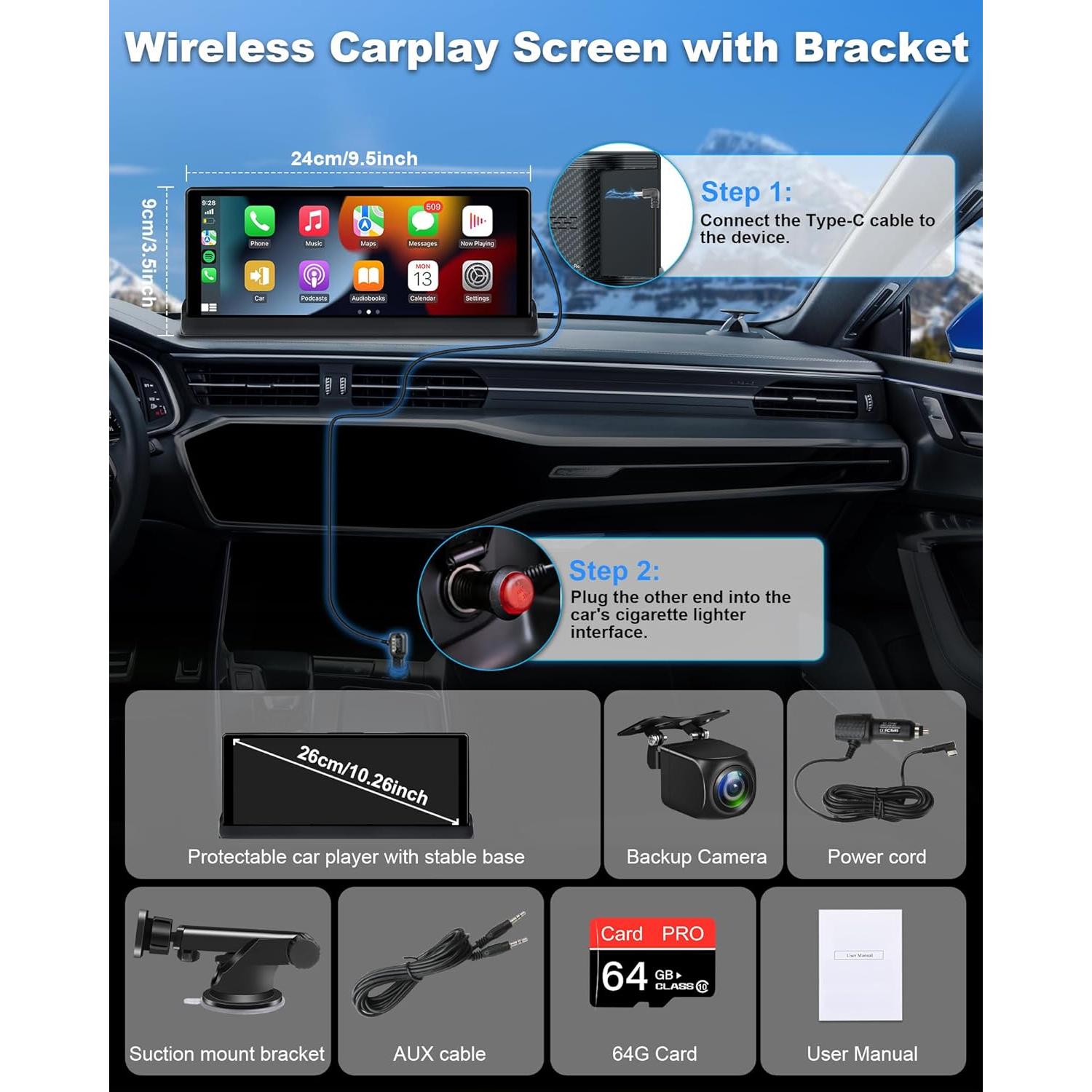 Apple Carplay Screen for Car w 4K Dash Cam 350° Rotatable Camera Unique Bracket 10.26" Wireless Car Play & Android Auto Screen w GPS Navigation Mirror Link Voice Control Dual Bluetooth AUX, FM