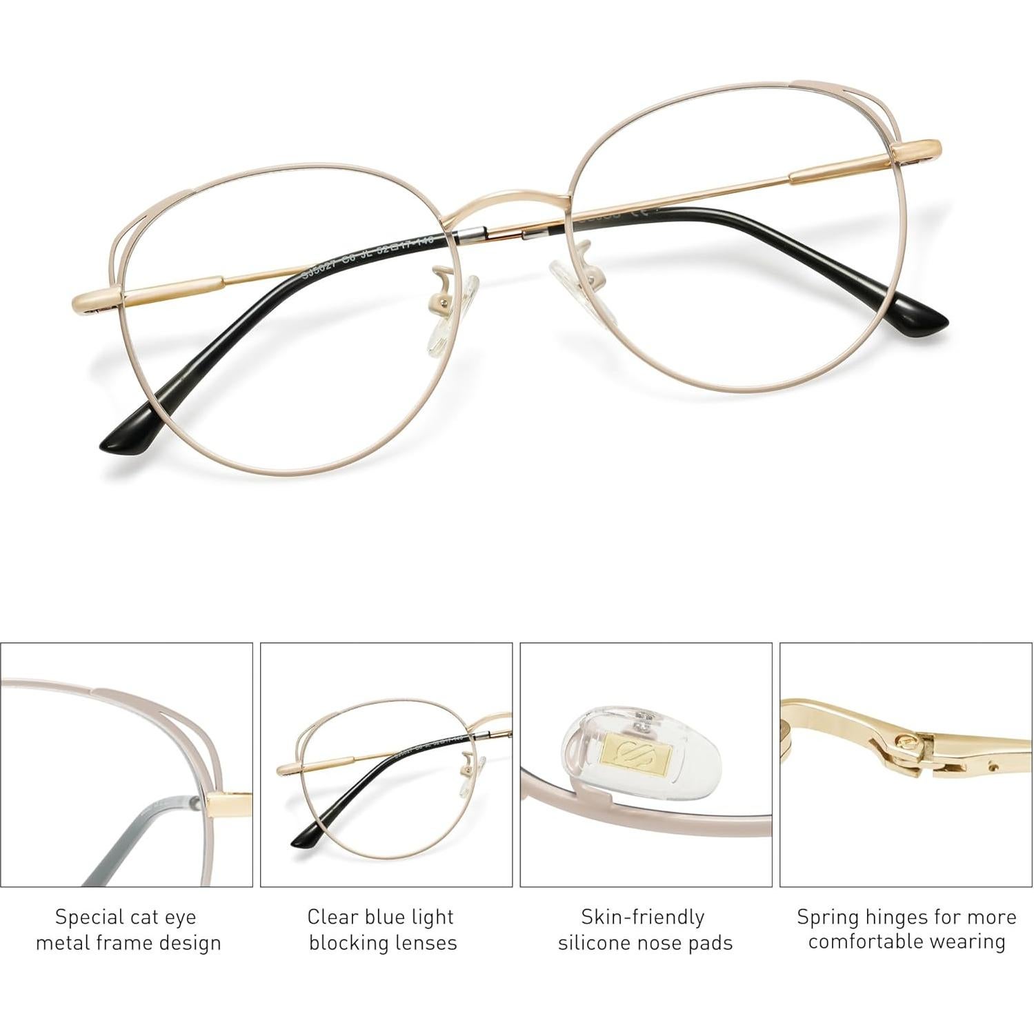 Gafas de luz azul SOJOS Cat Eye para mujer con marco metal