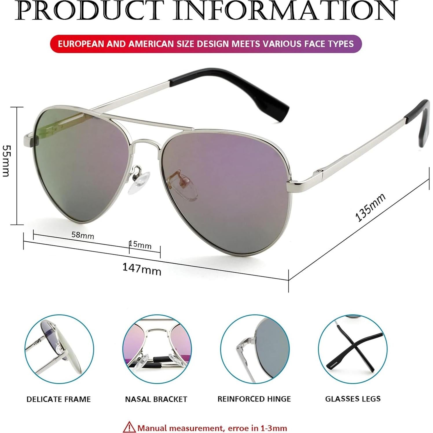 Gafas de sol aviador polarizadas PORADAY 58mm marco metal