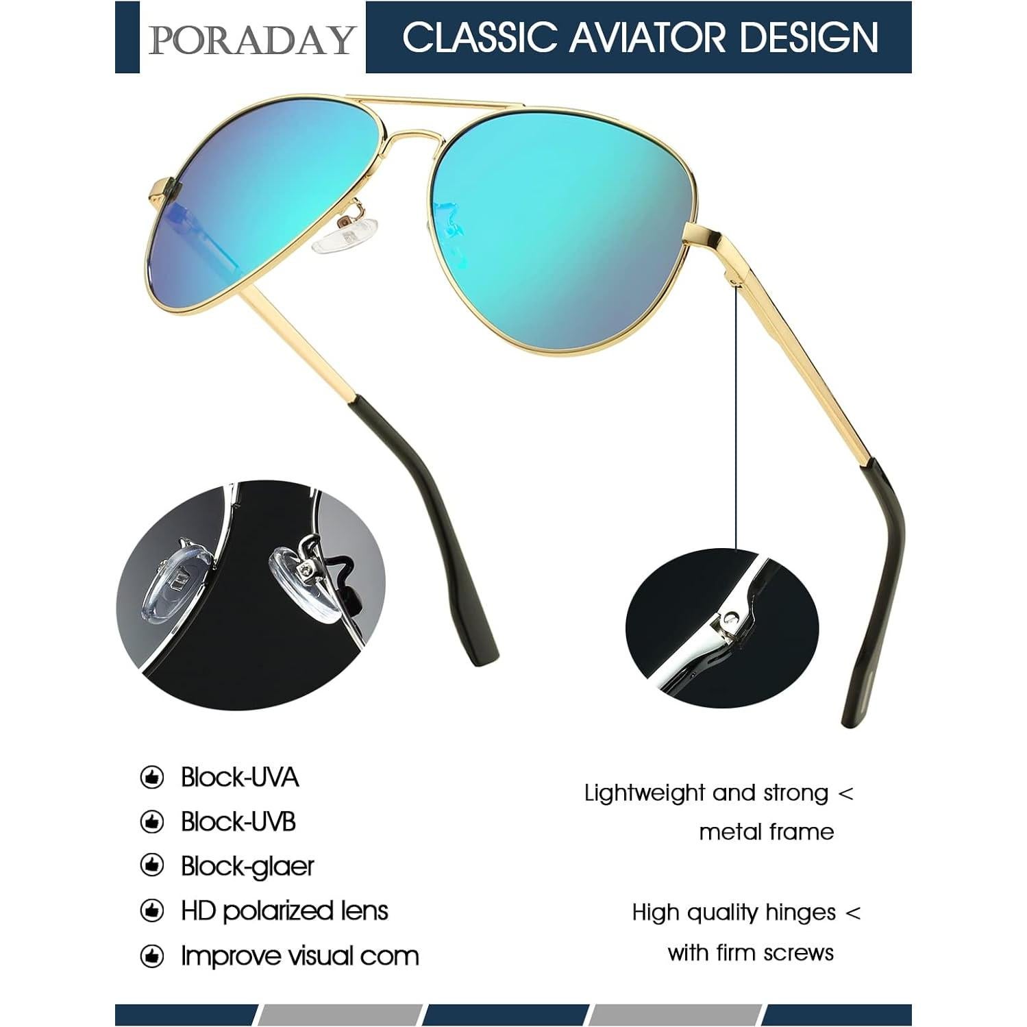 Gafas de sol aviador polarizadas PORADAY 58mm marco metal