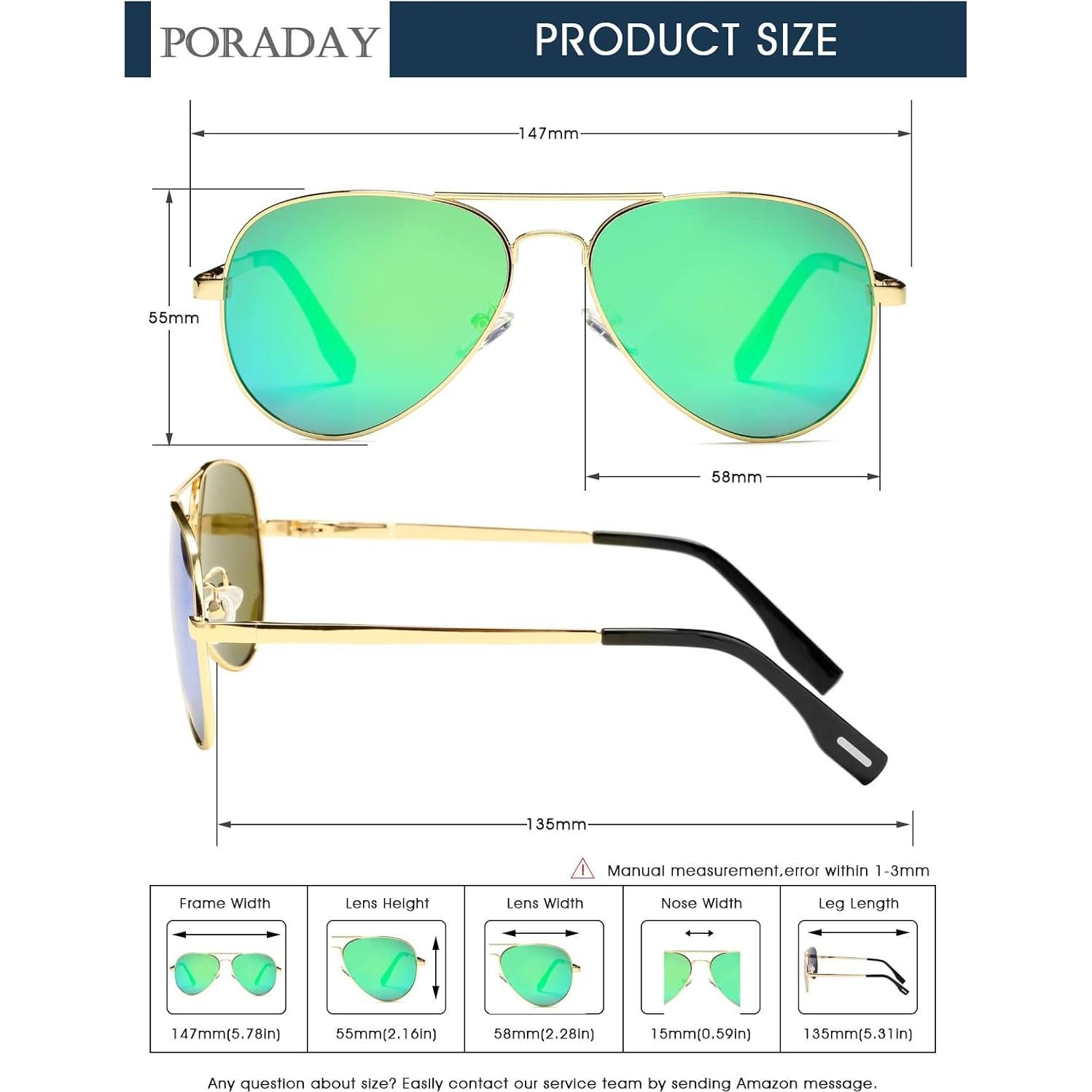 Gafas de sol aviador polarizadas PORADAY 58mm marco metal