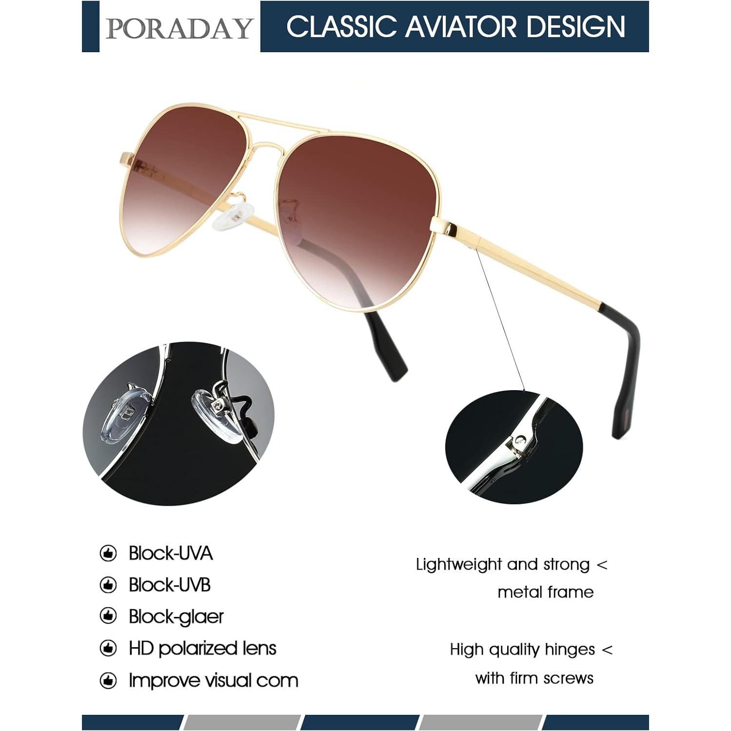 Gafas de sol aviador polarizadas PORADAY 58mm marco dorado