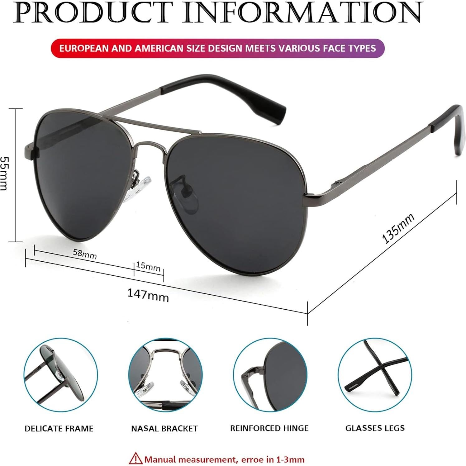 Gafas de sol aviador polarizadas PORADAY 58mm UV400