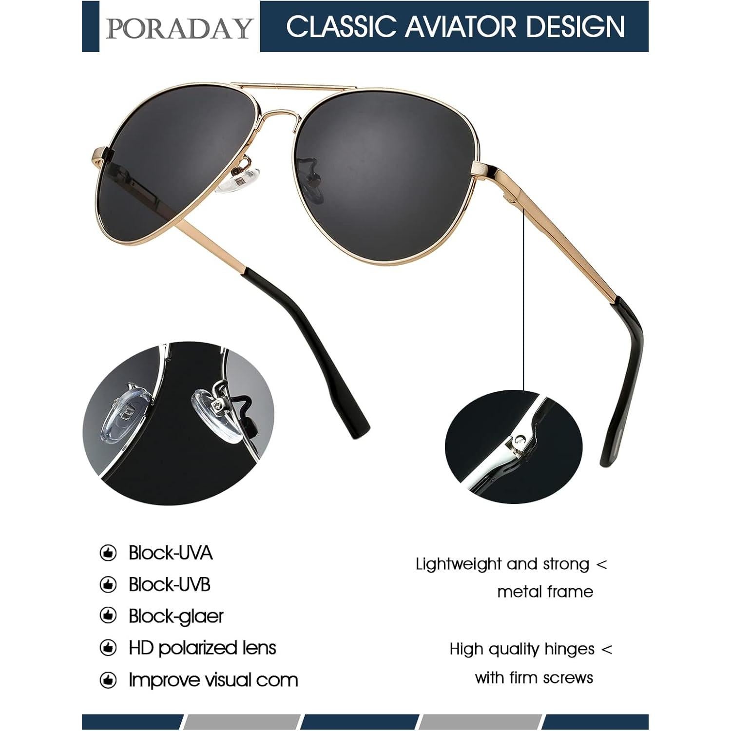 Gafas de sol aviador polarizadas PORADAY 58mm marco dorado