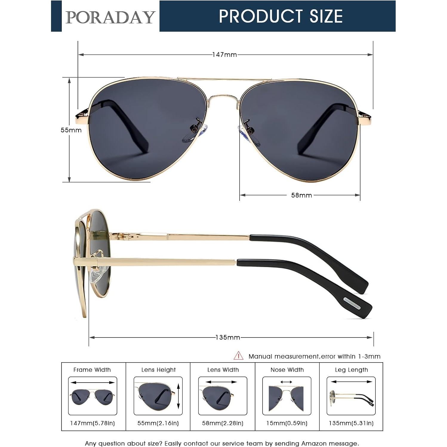 Gafas de sol aviador polarizadas PORADAY 58mm marco dorado