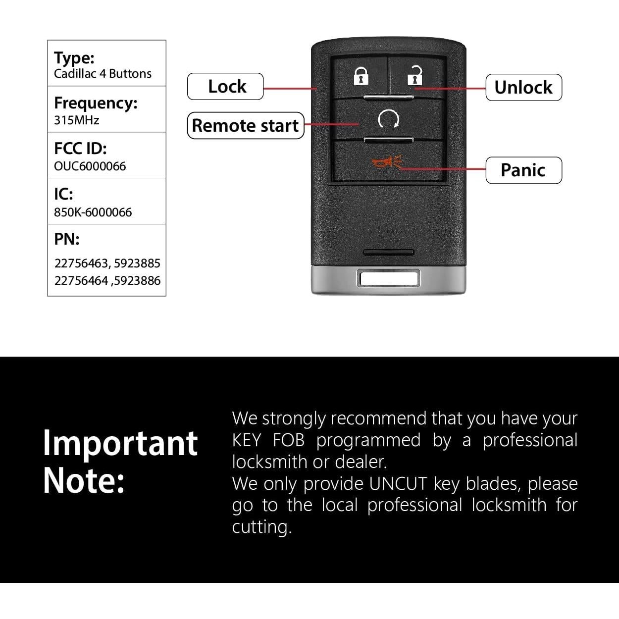 Control Remoto Llave Auto Keyless Cadillac OUC6000066 4 Botones