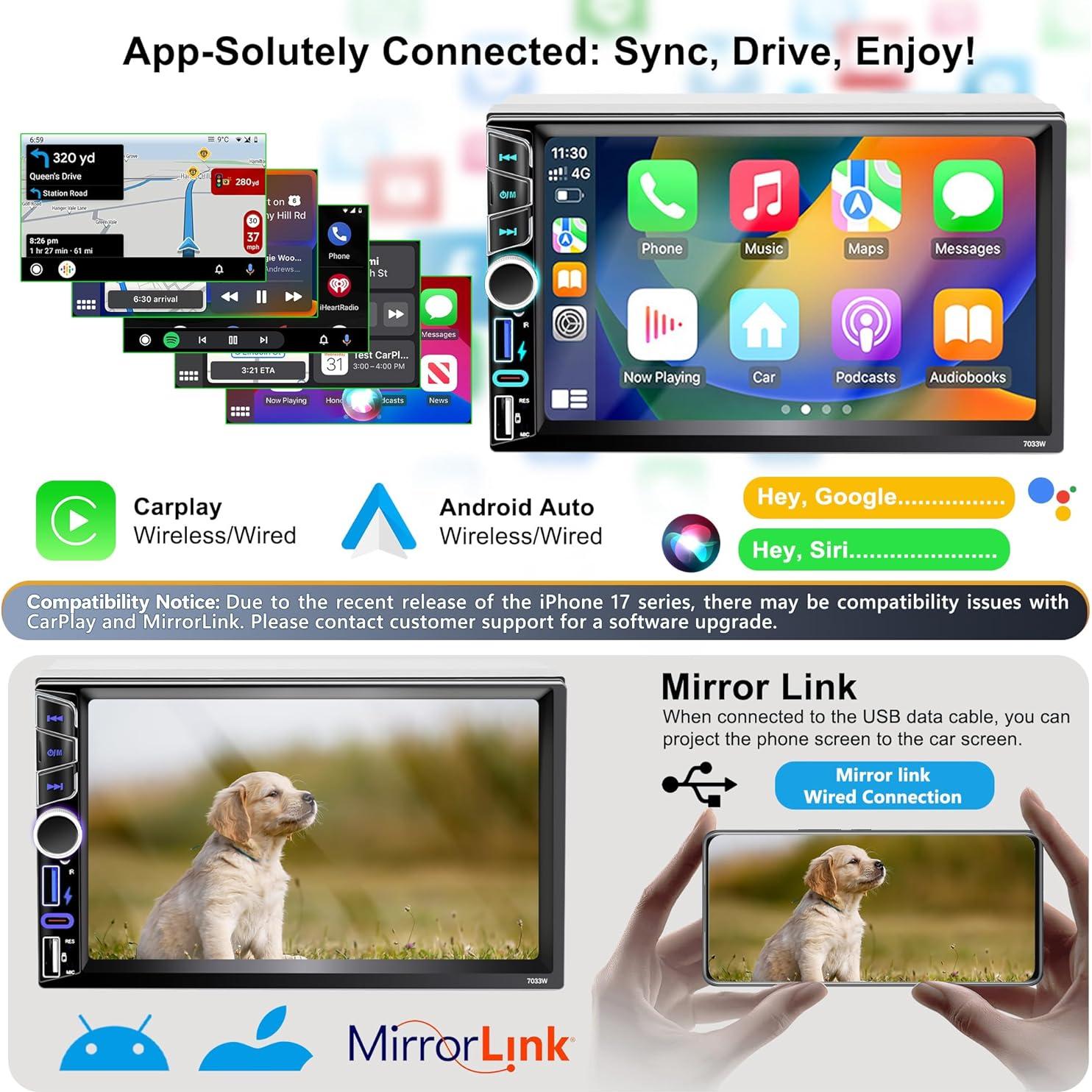 Estéreo de coche Emeito 7" Double Din con CarPlay y Android Auto