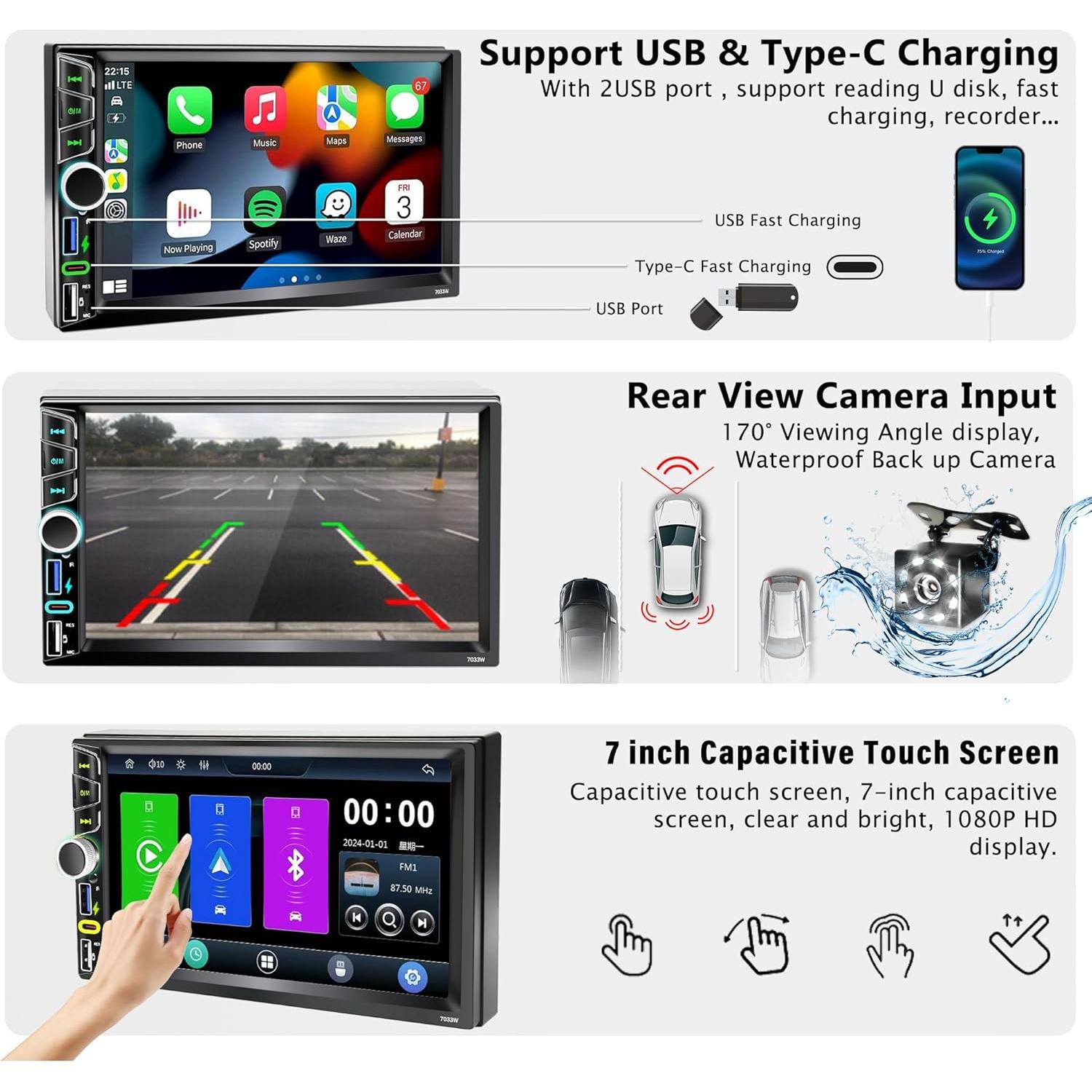 Estéreo de coche Emeito 7" Double Din con CarPlay y Android Auto