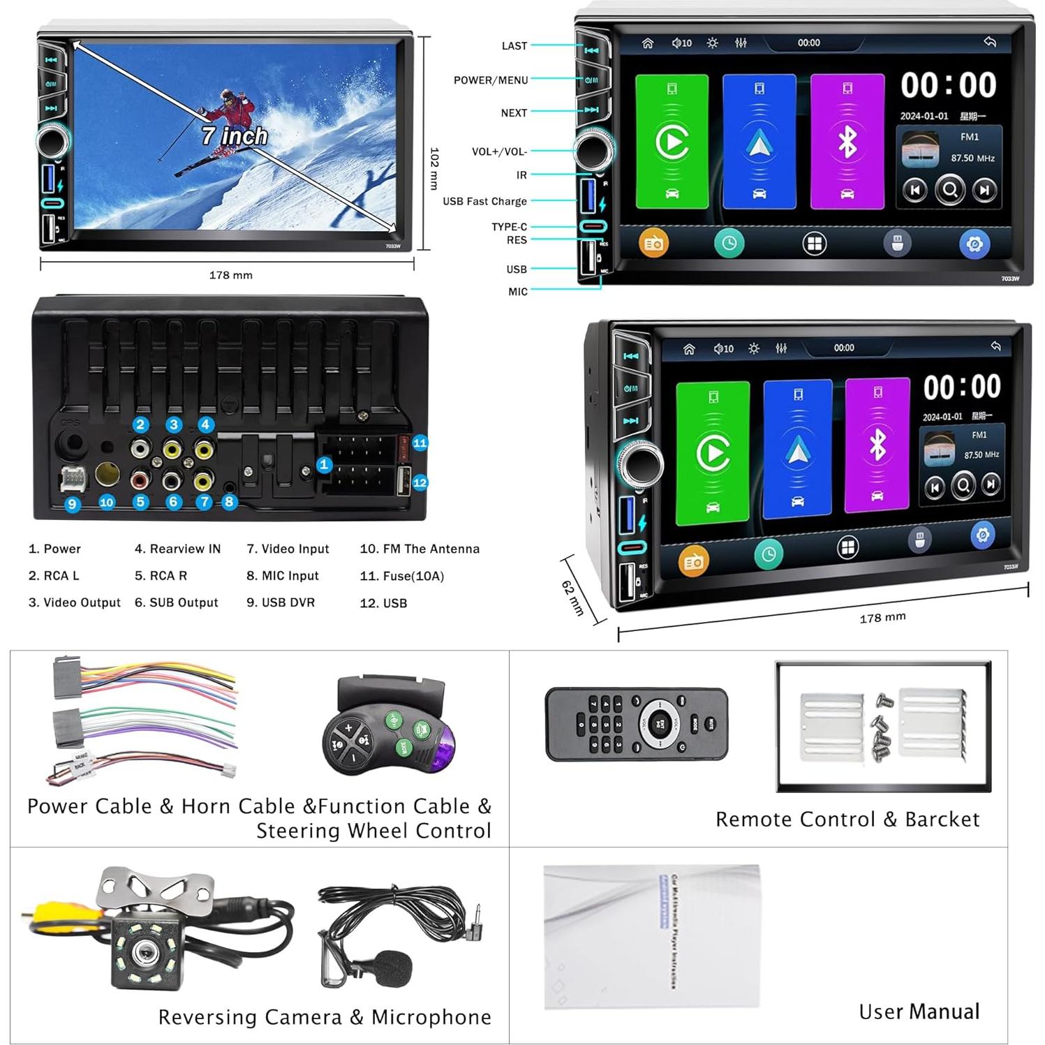 Estéreo de coche Emeito 7" Double Din con CarPlay y Android Auto