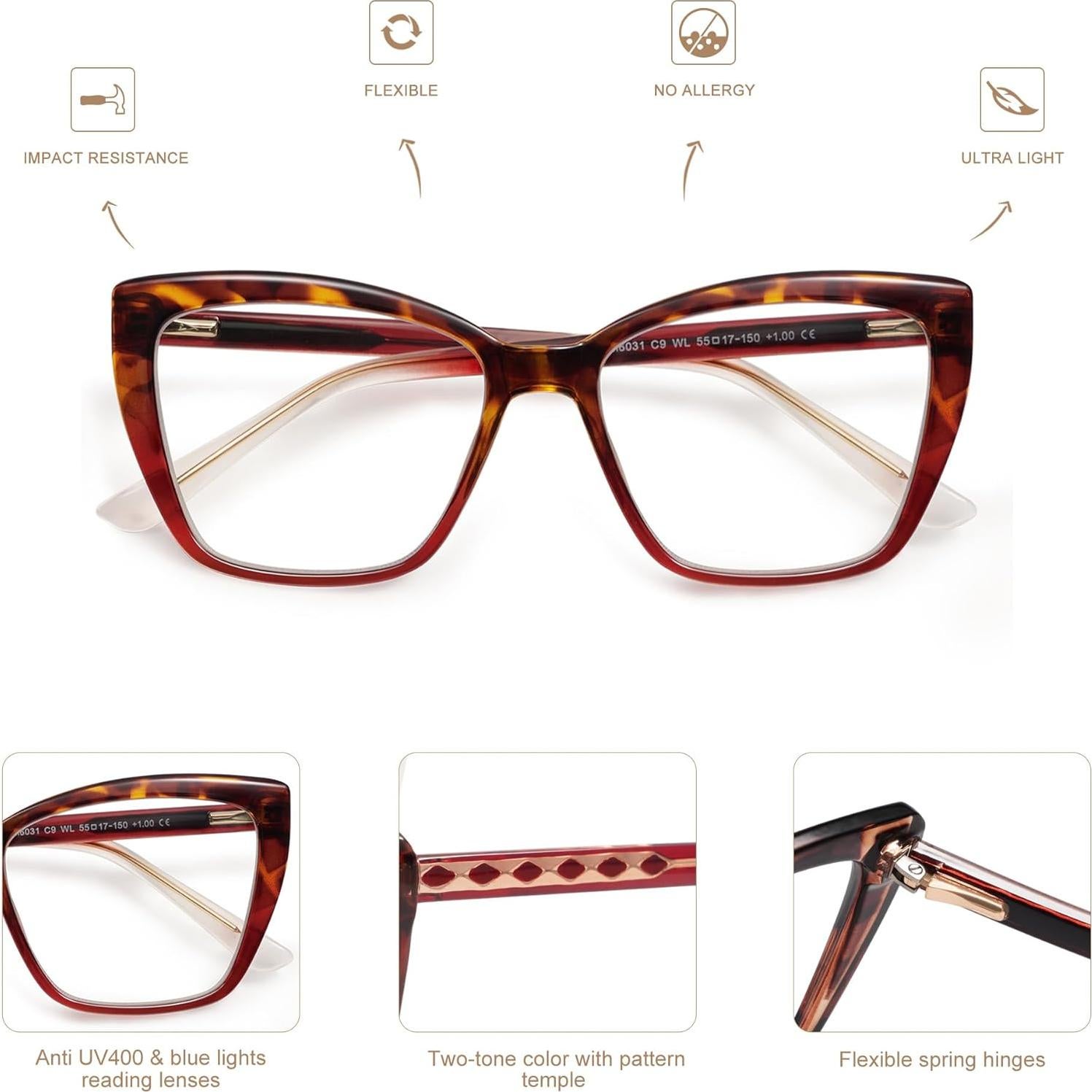 Gafas de Lectura Amomoma Ojo de Gato TR90 Luz Azul 3.0x