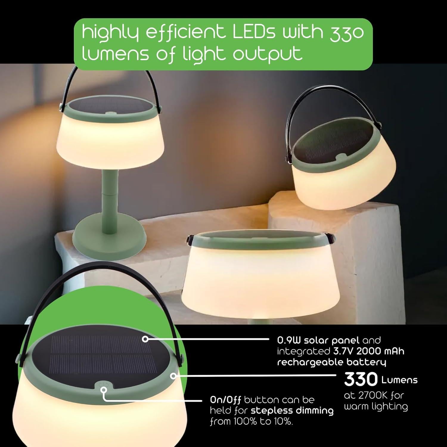 Lámpara y Linterna Solar Portátil 2-en-1 VerLuce Verde 330 Lúmenes