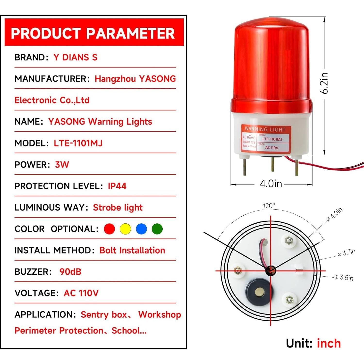 Luz de Advertencia Rotativa YASONG LTE-1101MJ 90dB