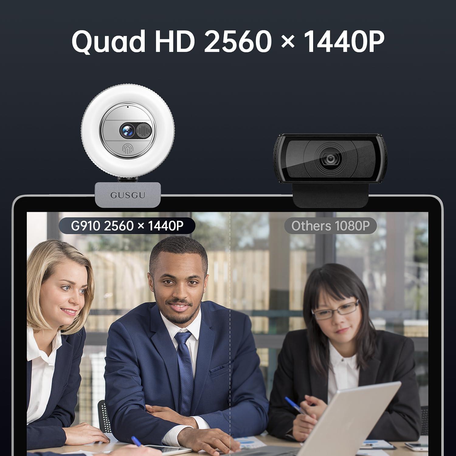 Cámara Web GUSGU G910 2K Quad HD con Micrófono y Luz