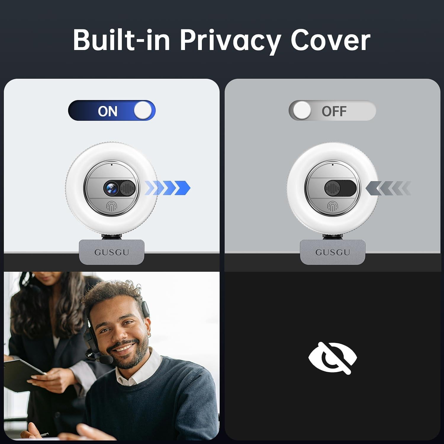 Cámara Web GUSGU G910 2K Quad HD con Micrófono y Luz