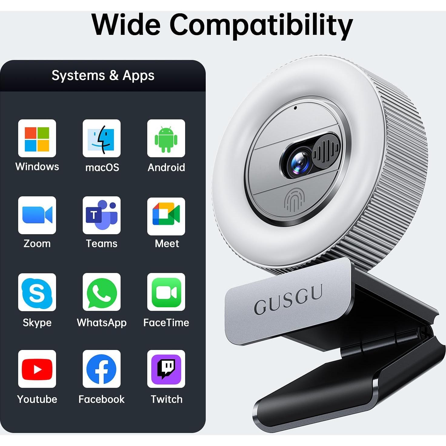 Cámara Web GUSGU G910 2K Quad HD con Micrófono y Luz