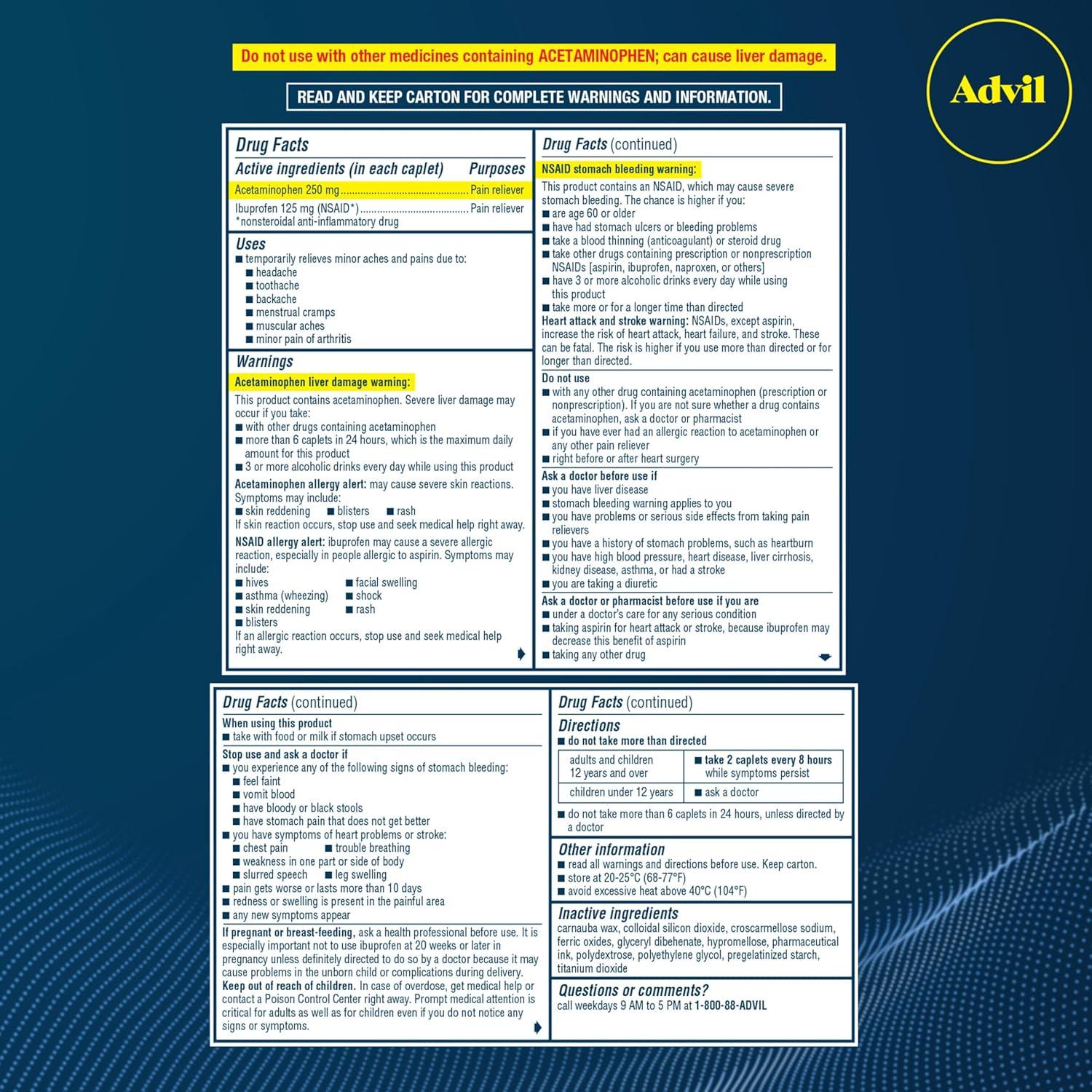 Advil Acción Dual Tabletas 216 Conteo - 250 Mg Ibuprofeno y 500 Mg Acetaminofén