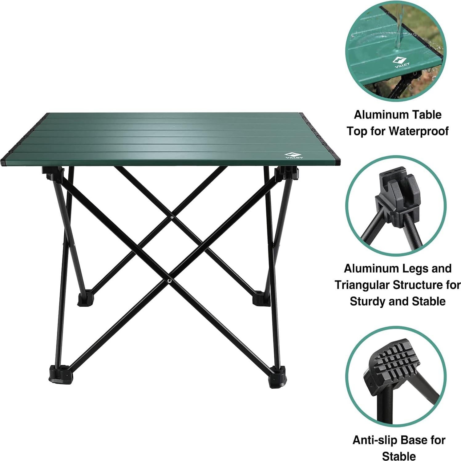 Mesa de Camping Plegable VILLEY de Aluminio Verde 61 cm